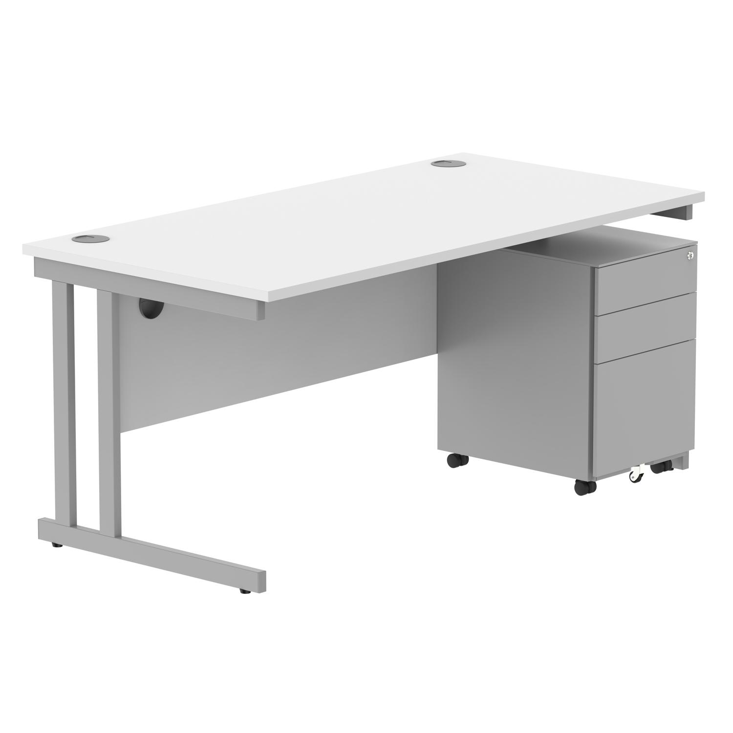 Double Upright Rectangular Desk + Under Desk Steel Pedestal 3 Drawers  1600X800 Arctic White/Silver