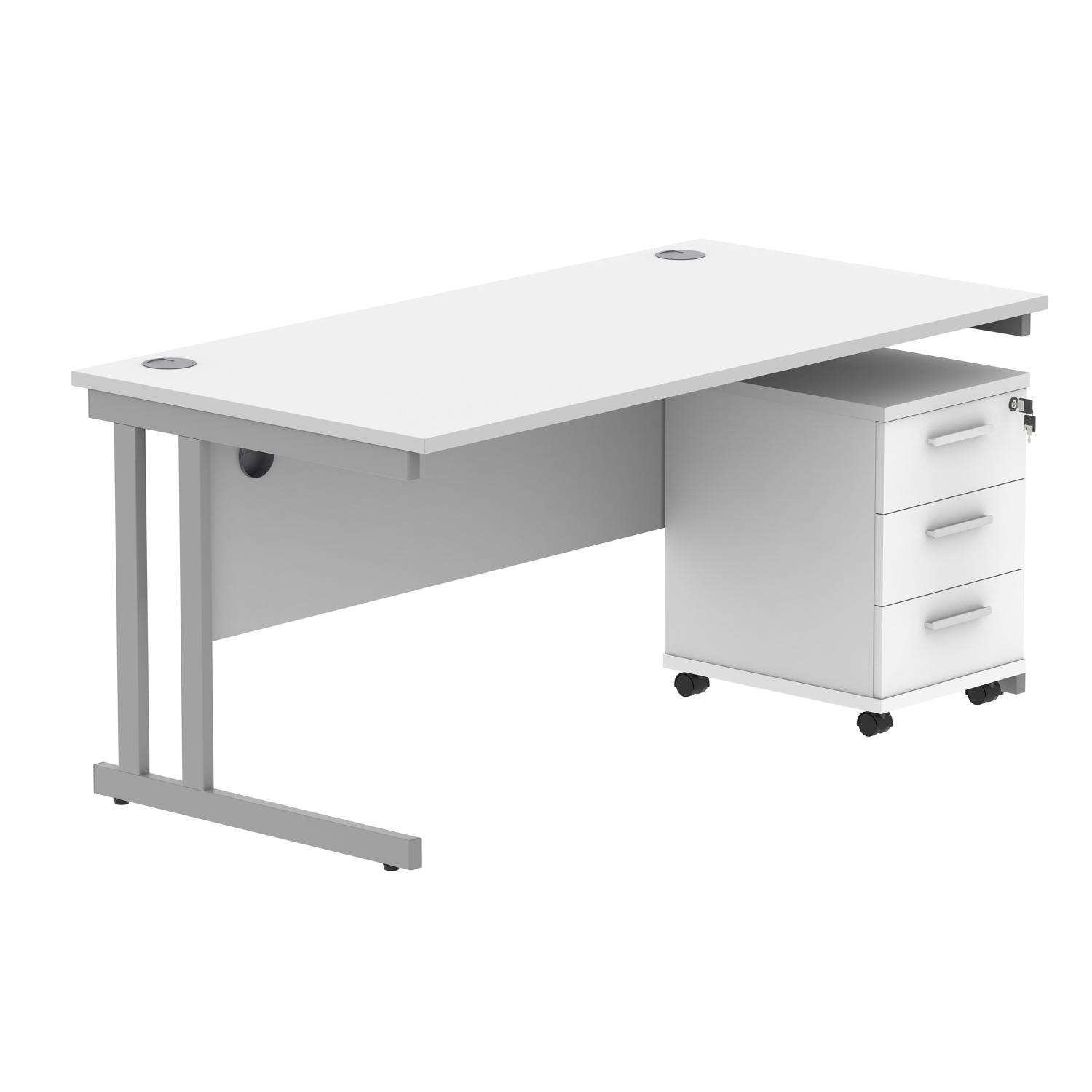 Double Upright Rectangular Desk + 3 Drawer Mobile Under Desk Pedestal  1600X800 Arctic White/Silver