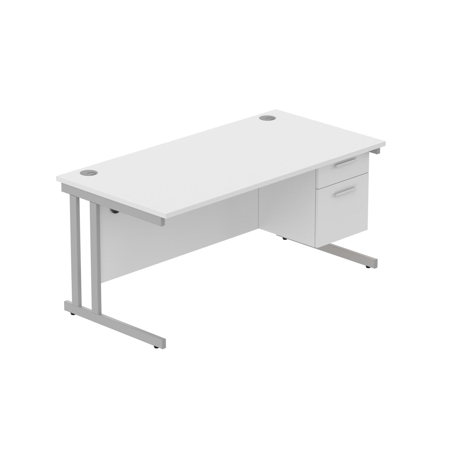 Office Rectangular Desk with Steel Double Upright Cantilever Legs + 2 Drawer Fixed Pedestal  1600X800 Arctic White/Silver