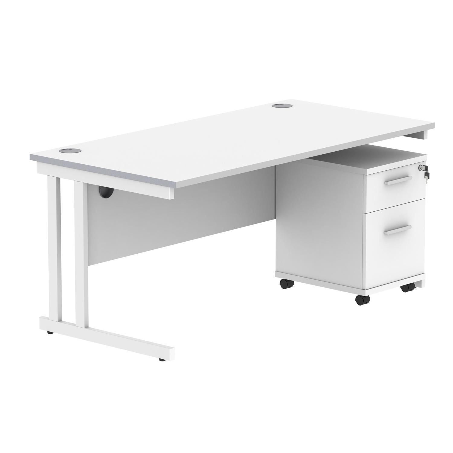 Double Upright Rectangular Desk + 2 Drawer Mobile Under Desk Pedestal  1600X800 Arctic White/White