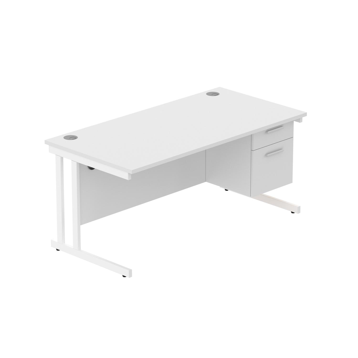 Office Rectangular Desk with Steel Double Upright Cantilever Legs + 2 Drawer Fixed Pedestal  1600X800 Arctic White/White