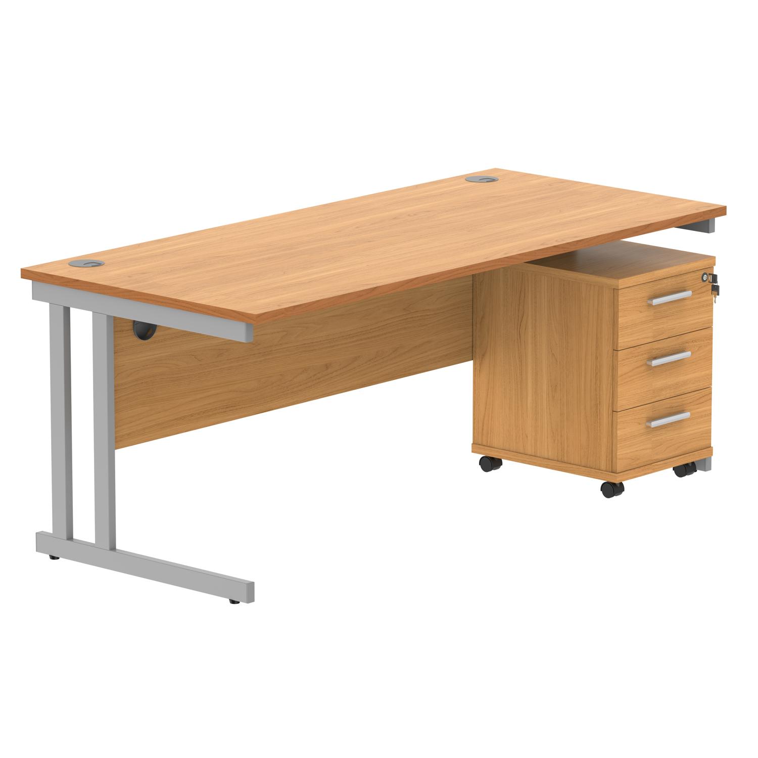 Double Upright Rectangular Desk + 3 Drawer Mobile Under Desk Pedestal  1800X800 Norwegian Beech/Silver