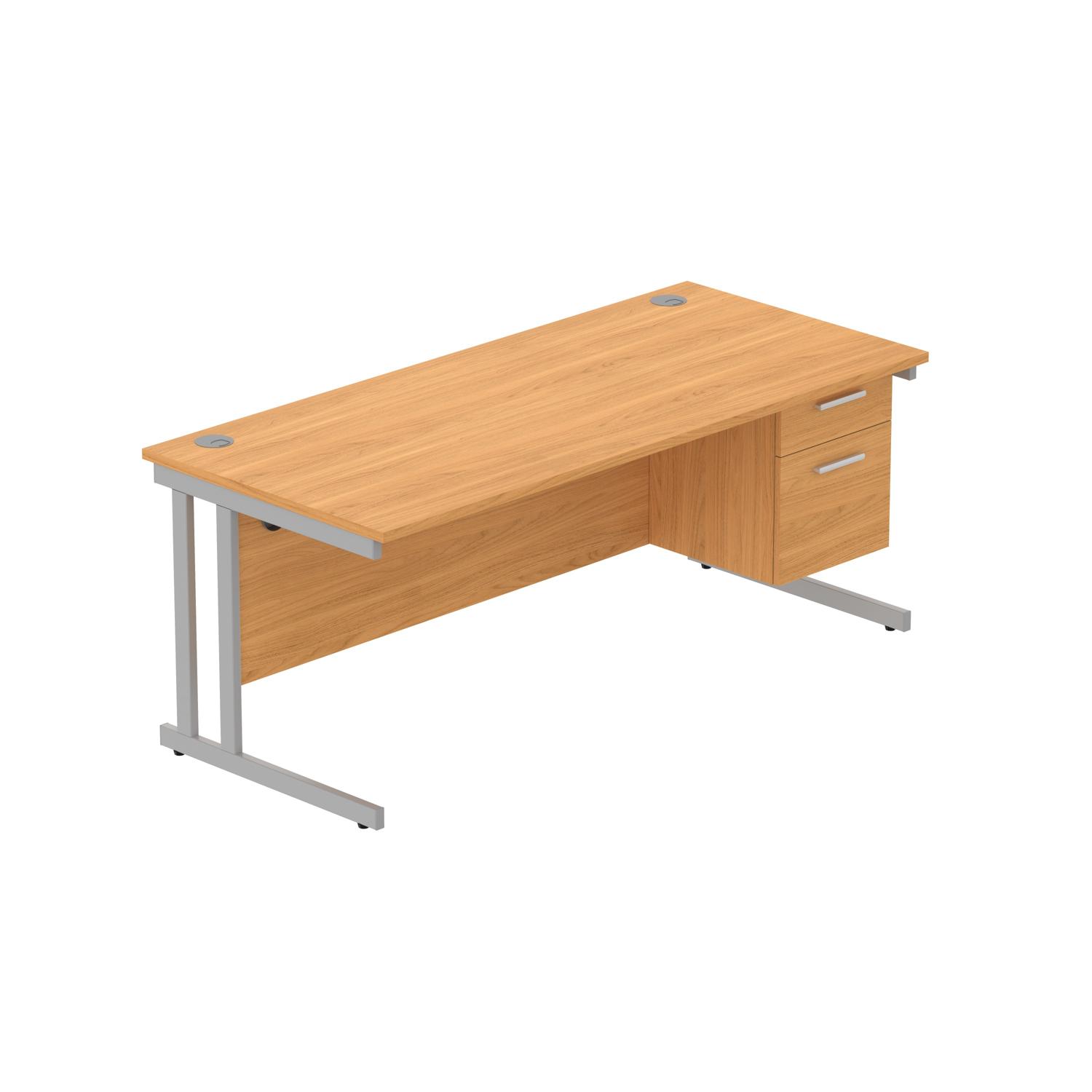 Office Rectangular Desk with Steel Double Upright Cantilever Legs + 2 Drawer Fixed Pedestal  1800X800 Norwegian Beech/Silver