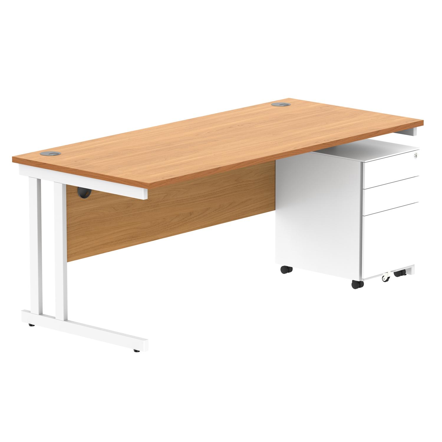 Double Upright Rectangular Desk + Under Desk Steel Pedestal 3 Drawers  1800X800 Norwegian Beech/White