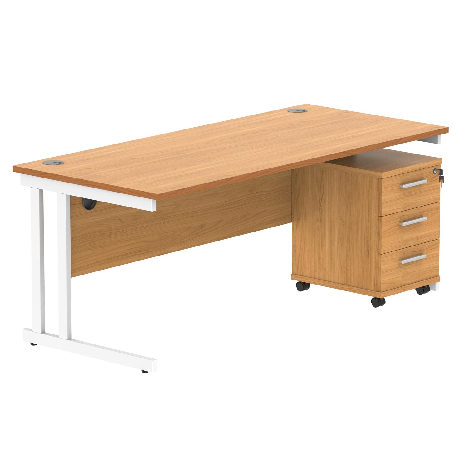 Double Upright Rectangular Desk + 3 Drawer Mobile Under Desk Pedestal  1800X800 Norwegian Beech/White
