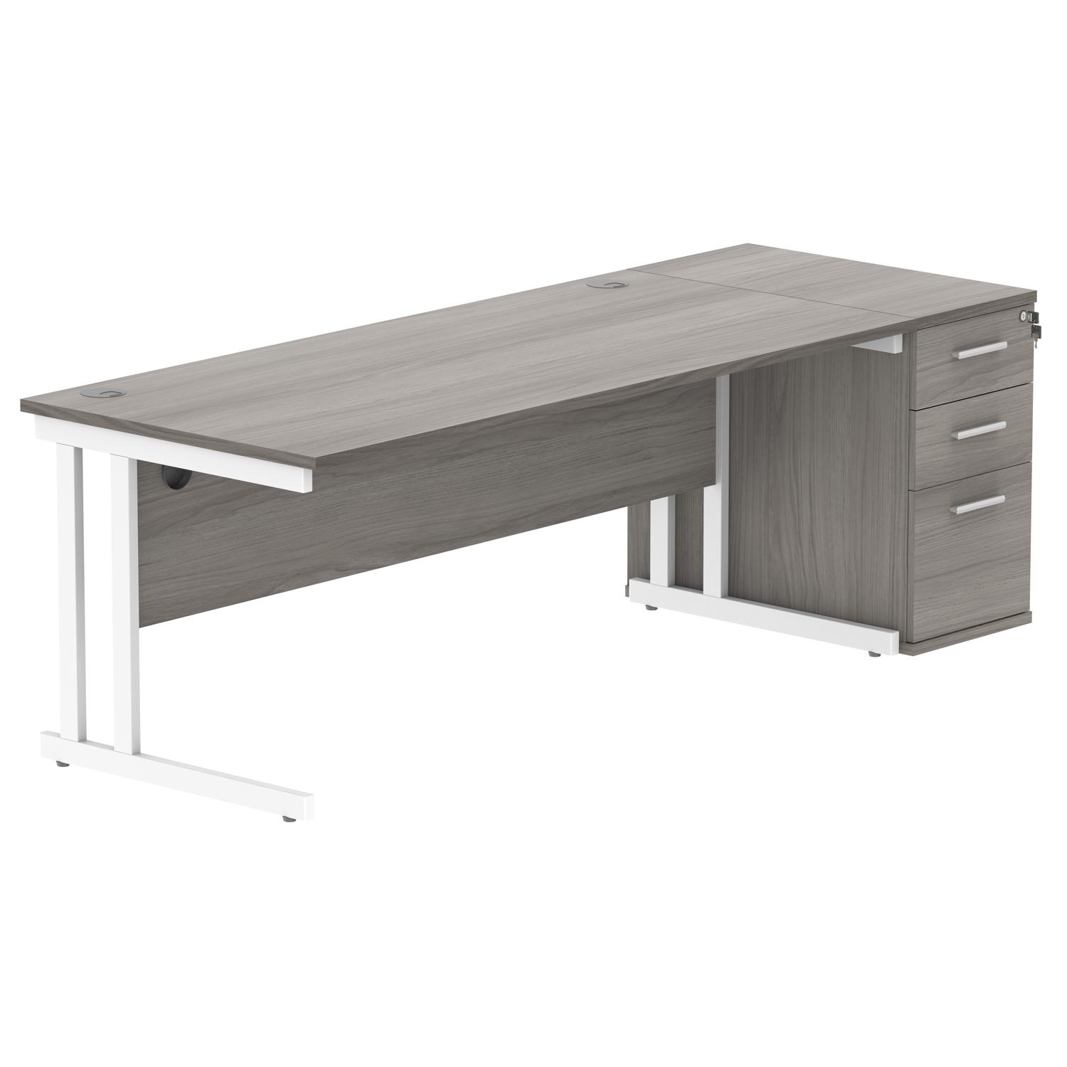 Double Upright Rectangular Desk + Desk High Pedestal  1800X800 Alaskan Grey Oak/Silver