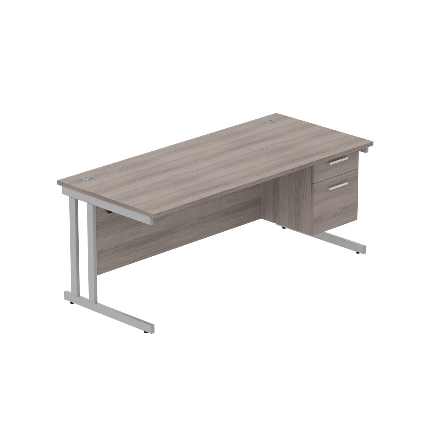 Office Rectangular Desk with Steel Double Upright Cantilever Legs + 2 Drawer Fixed Pedestal  1800X800 Alaskan Grey Oak/Silver