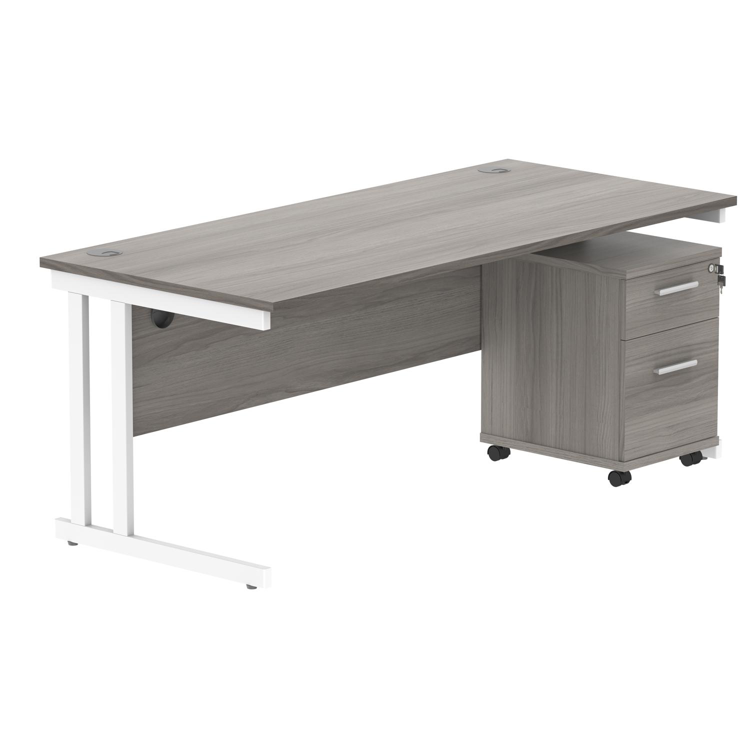 Double Upright Rectangular Desk + 2 Drawer Mobile Under Desk Pedestal  1800X800 Alaskan Grey Oak/White