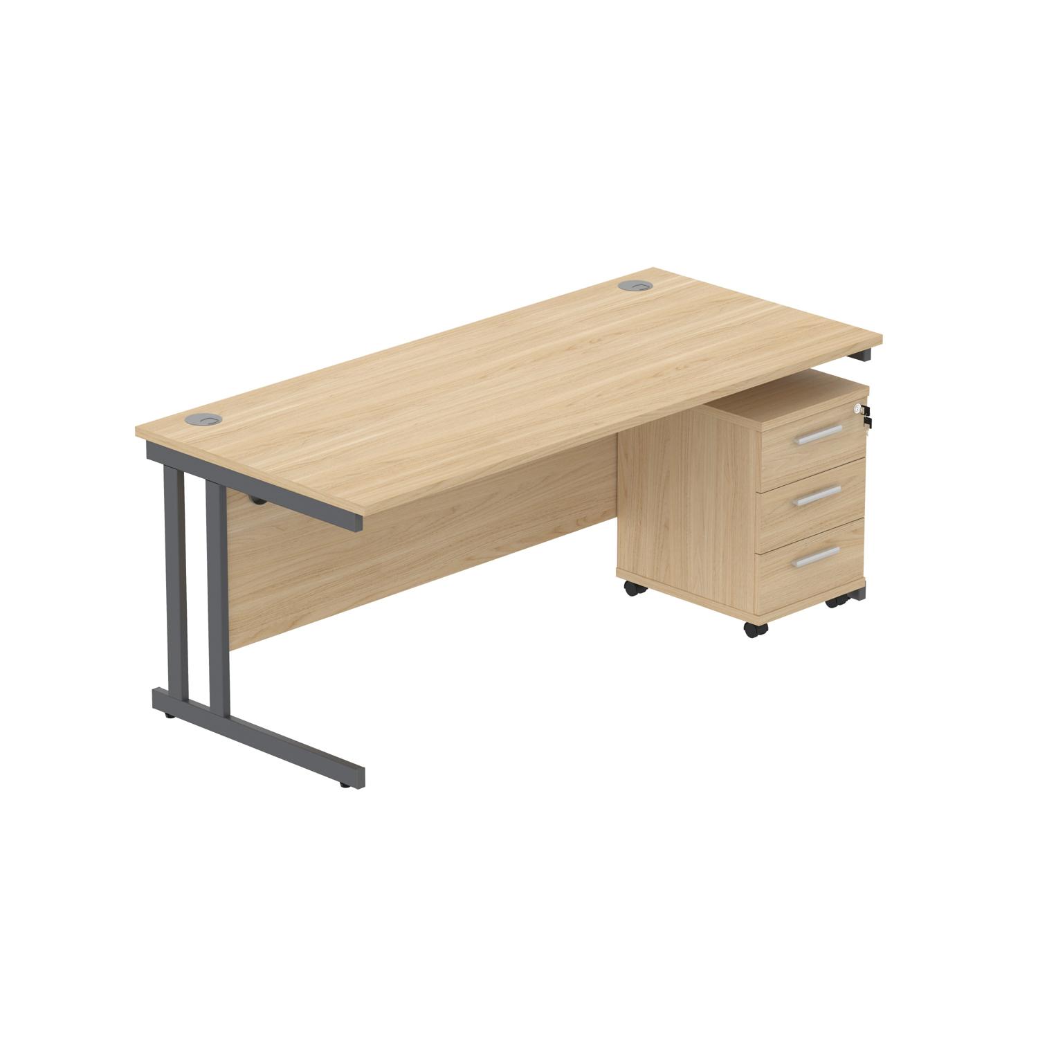 Double Upright Rectangular Desk + 3 Drawer Mobile Under Desk Pedestal  1800X800 Canadian Oak/Graphite