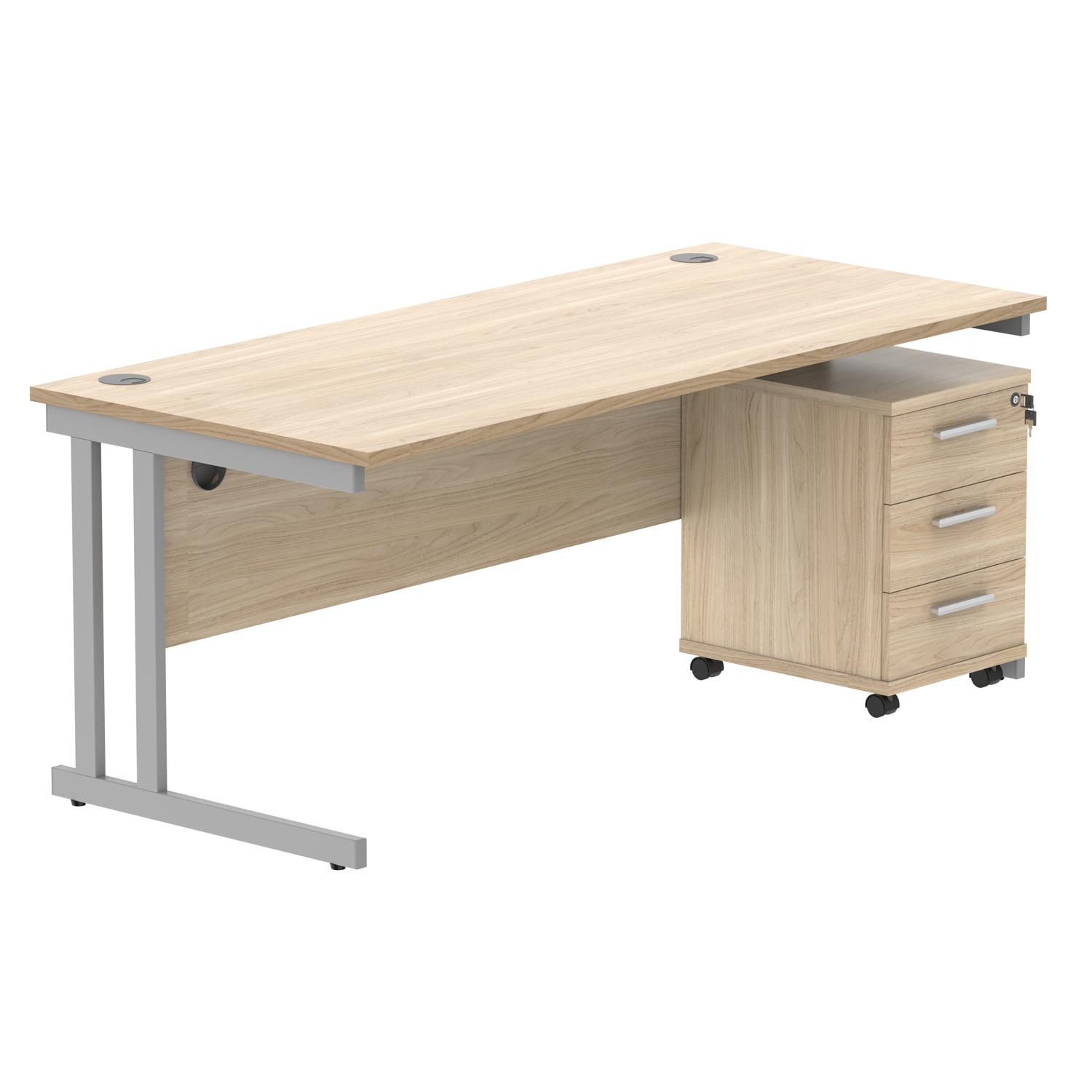 Double Upright Rectangular Desk + 3 Drawer Mobile Under Desk Pedestal  1800X800 Canadian Oak/Silver