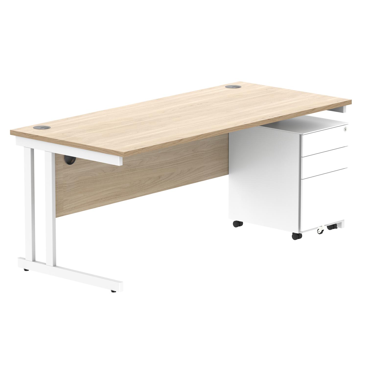 Double Upright Rectangular Desk + Under Desk Steel Pedestal 3 Drawers  1800X800 Canadian Oak/White