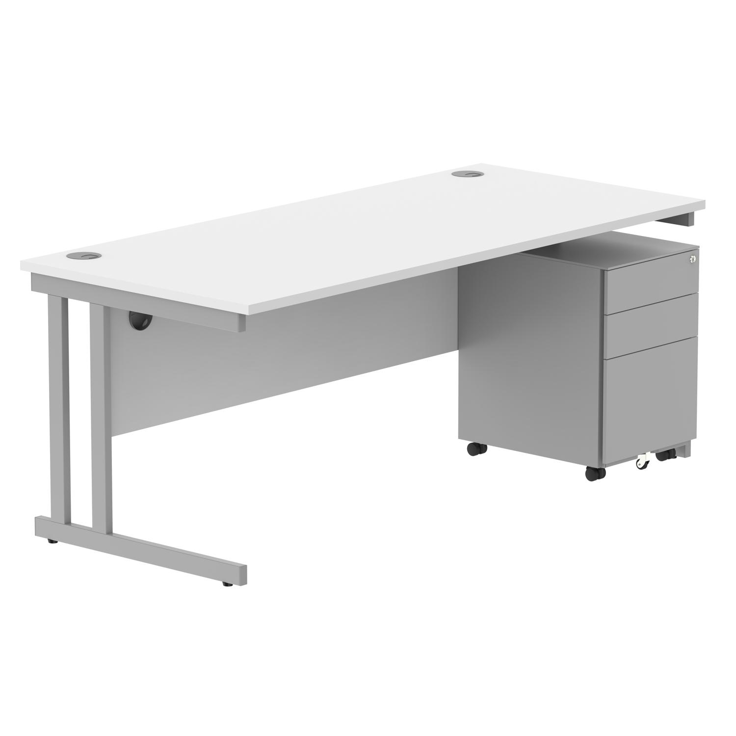 Double Upright Rectangular Desk + Under Desk Steel Pedestal 3 Drawers  1800X800 Arctic White/Silver