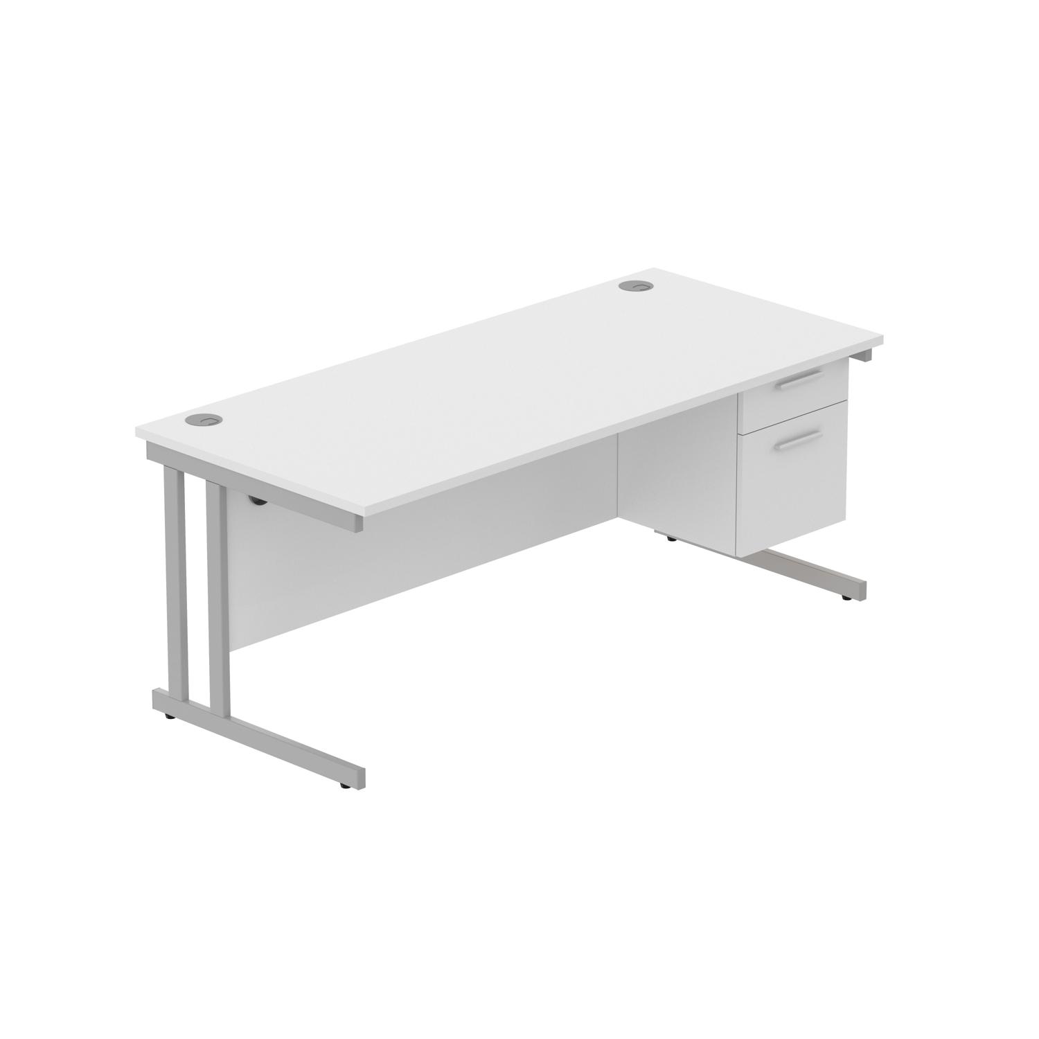Office Rectangular Desk with Steel Double Upright Cantilever Legs + 2 Drawer Fixed Pedestal  1800X800 Arctic White/Silver