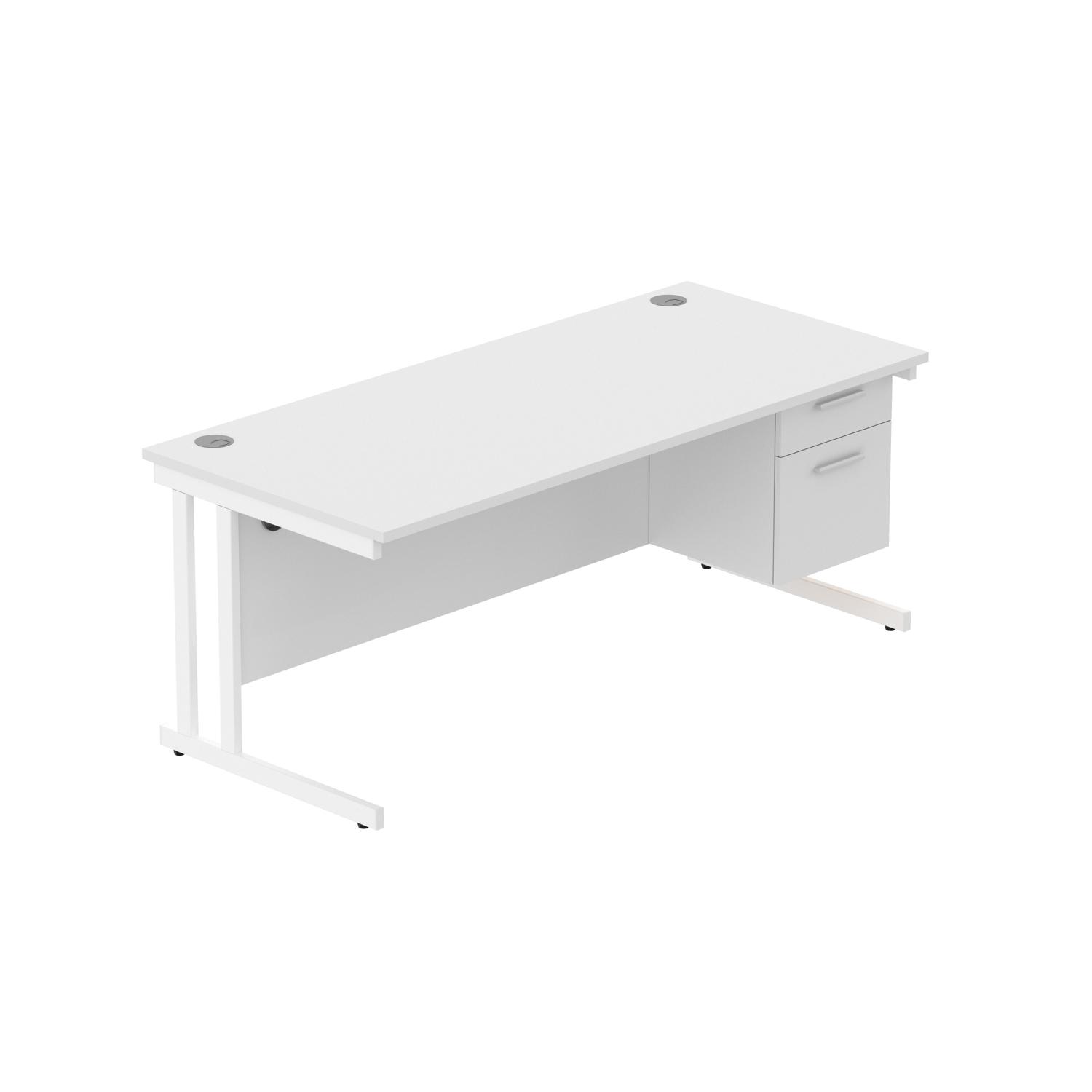 Office Rectangular Desk with Steel Double Upright Cantilever Legs + 2 Drawer Fixed Pedestal  1800X800 Arctic White/White