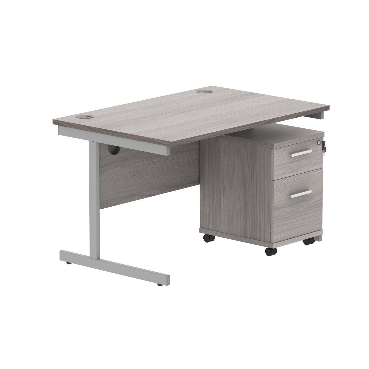 Single Upright Rectangular Desk + 2 Drawer Mobile Under Desk Pedestal  1200 X 800 Alaskan Grey Oak/Silver