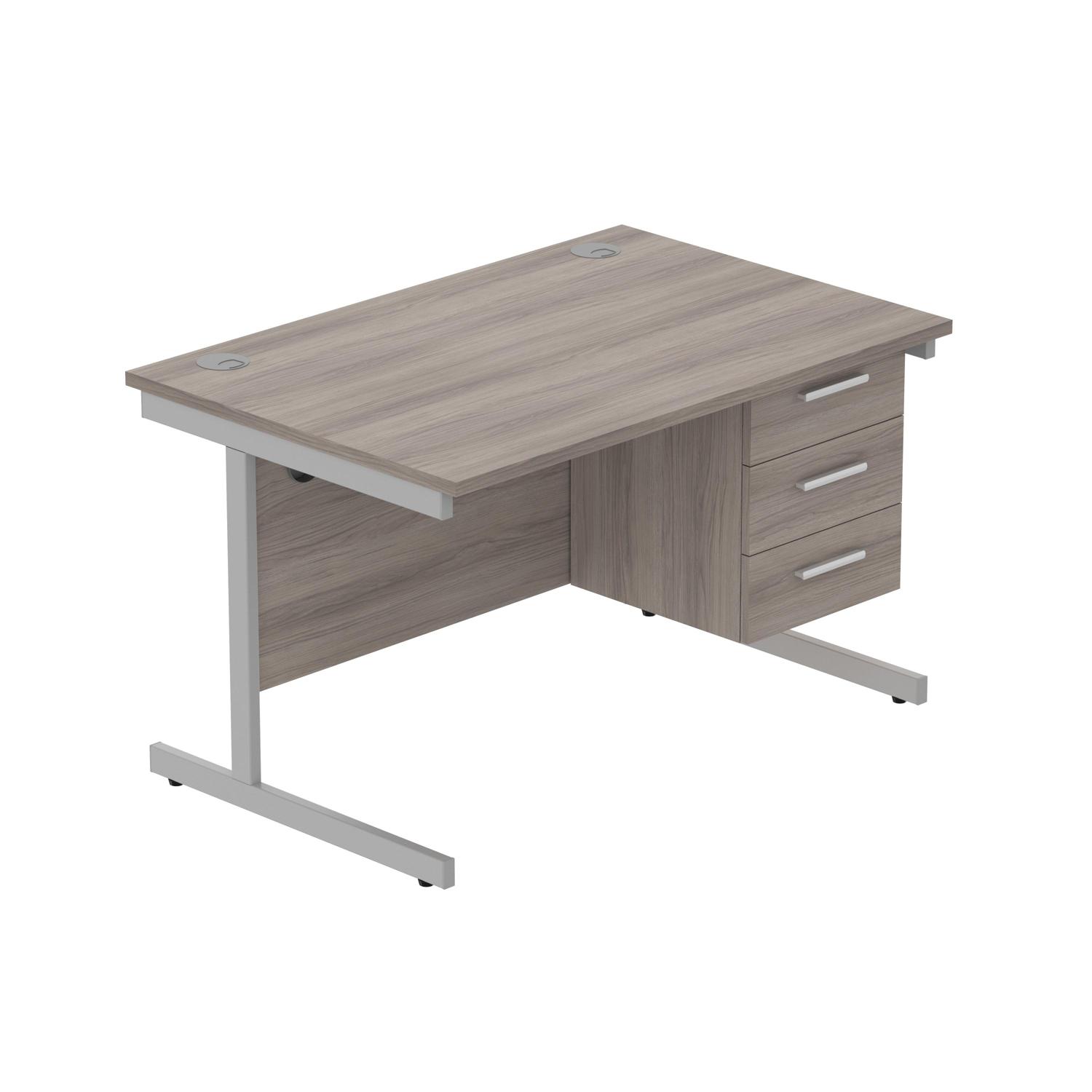 Office Rectangular Desk with Steel Single Upright Cantilever Legs + 3 Drawer Fixed Pedestal  1200X800 Alaskan Grey Oak/Silver