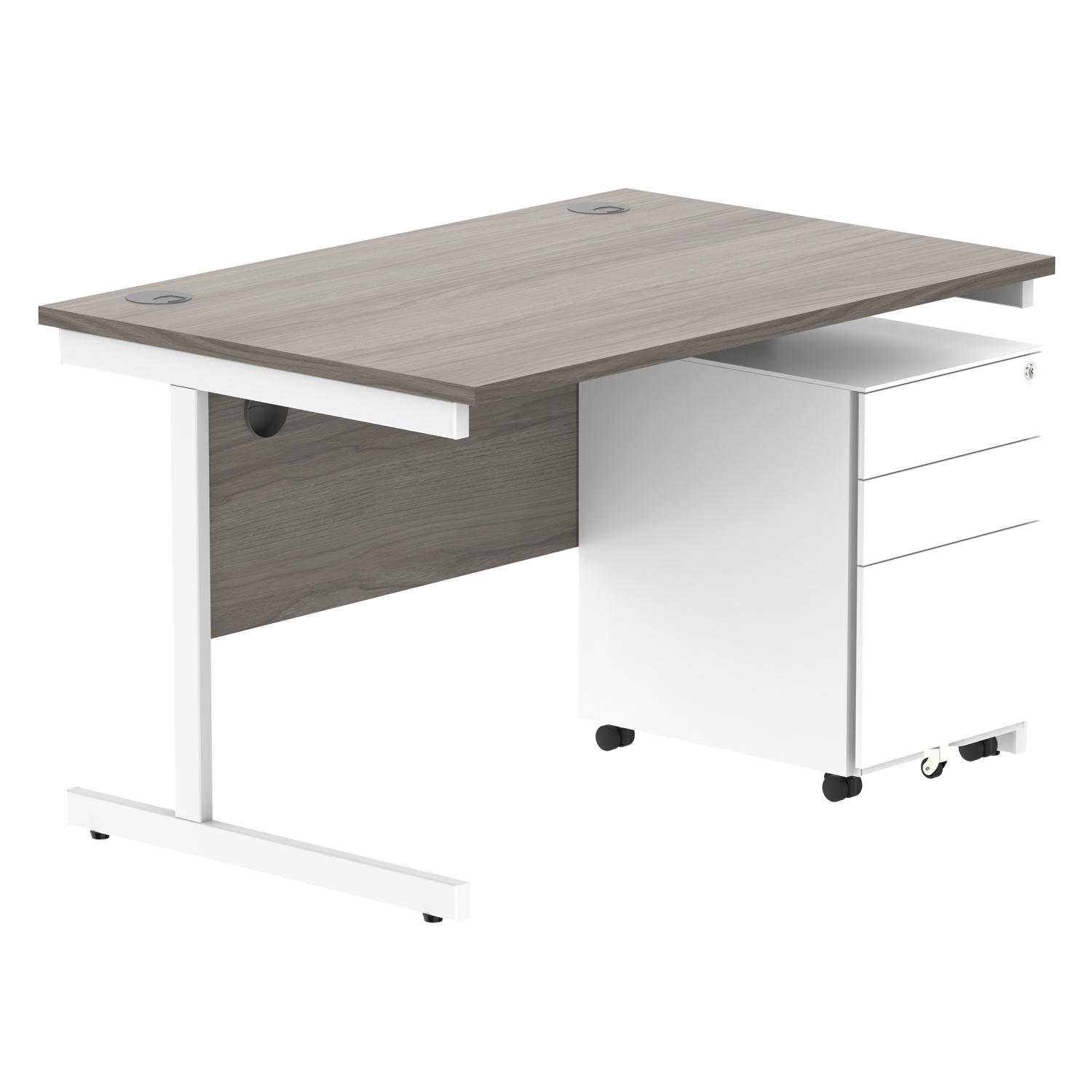 CORE Single Upright Rectangular Desk + Under Desk Steel Pedestal 3 Drawers  1200 X 800 Alaskan Grey Oak/White