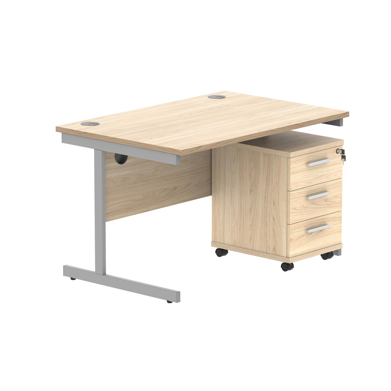 Single Upright Rectangular Desk + 3 Drawer Mobile Under Desk Pedestal  1200 X 800 Canadian Oak/Silver
