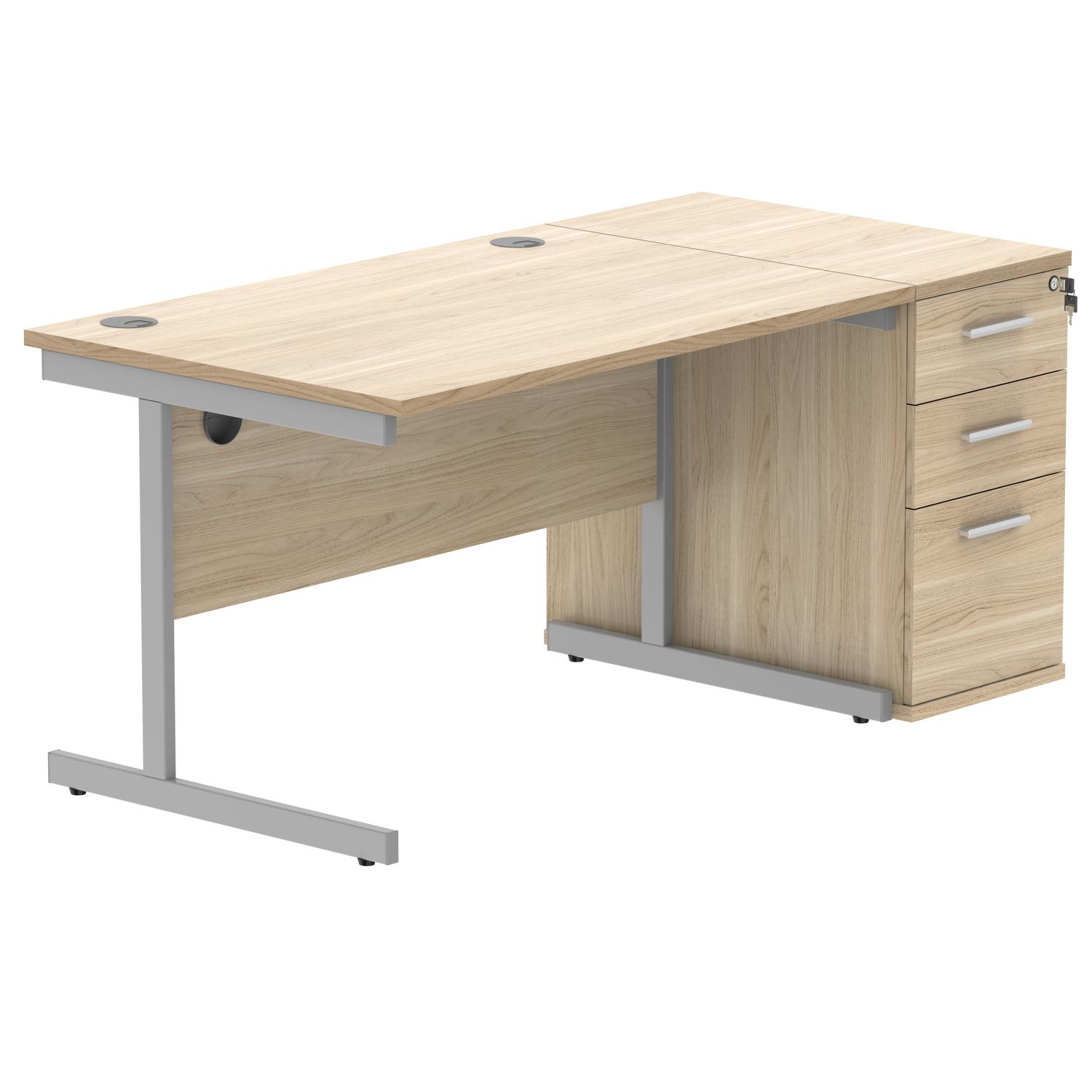 Single Upright Rectangular Desk + Desk High Pedestal  1200 X 800 Canadian Oak/Silver