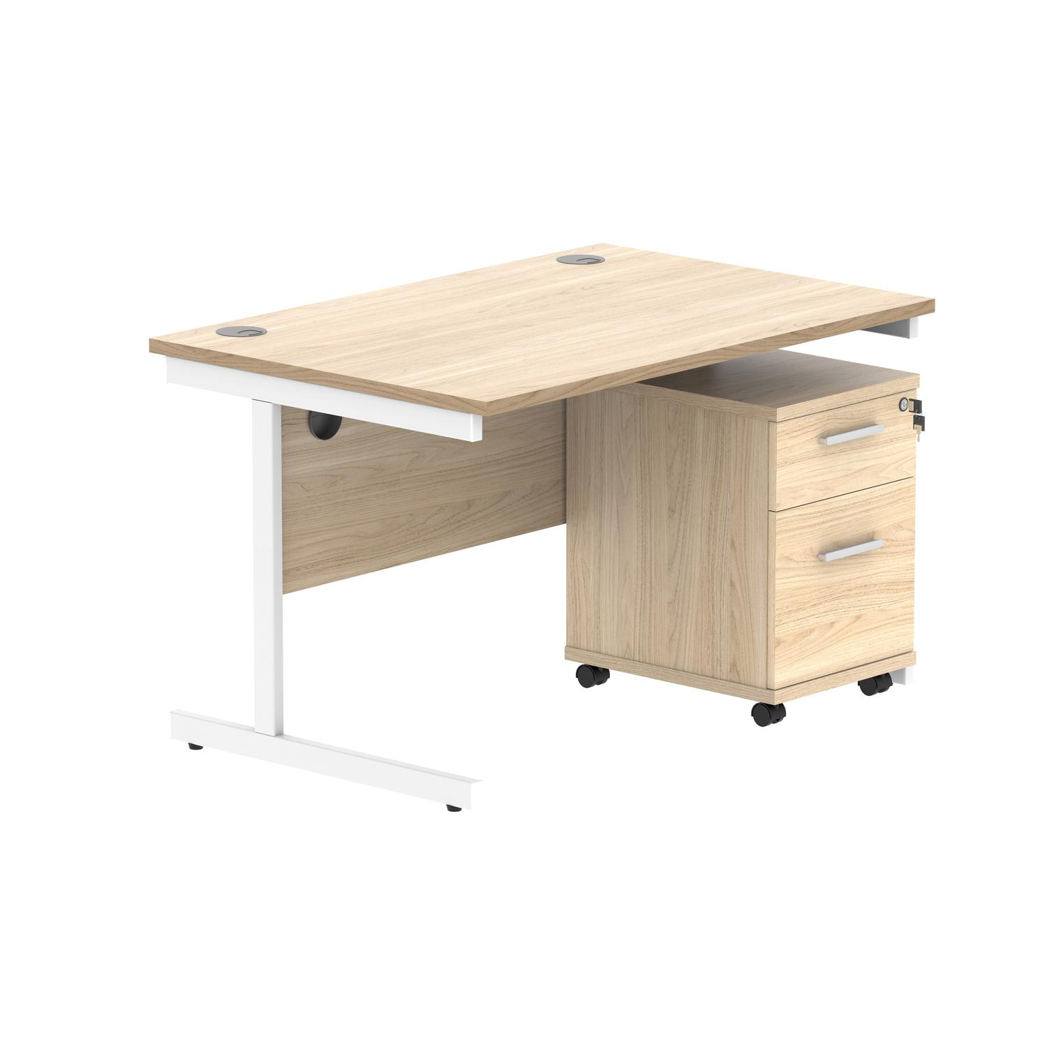 Single Upright Rectangular Desk + 2 Drawer Mobile Under Desk Pedestal  1200 X 800 Canadian Oak/White
