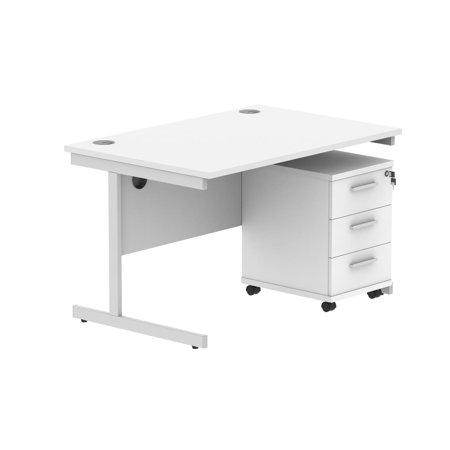 Single Upright Rectangular Desk + 3 Drawer Mobile Under Desk Pedestal  1200 X 800 Arctic White/Silver