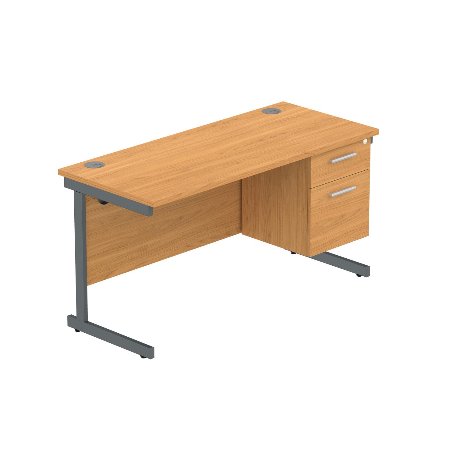 Office Rectangular Desk with Steel Single Upright Cantilever Legs + 2 Drawer Fixed Pedestal  1400X600 Norwegian Beech/Graphite