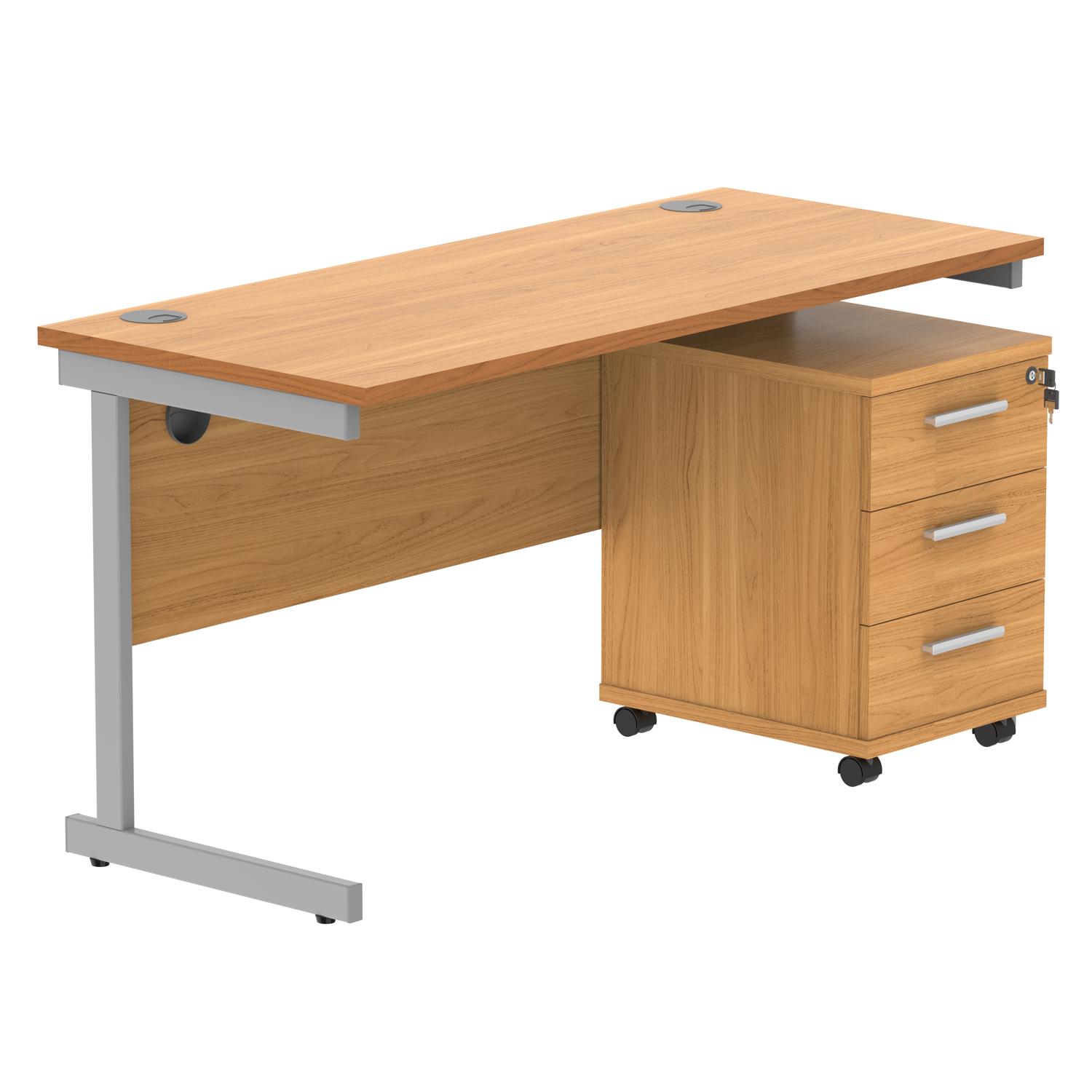 Single Upright Rectangular Desk + 3 Drawer Mobile Under Desk Pedestal  1400 X 600 Norwegian Beech/Silver