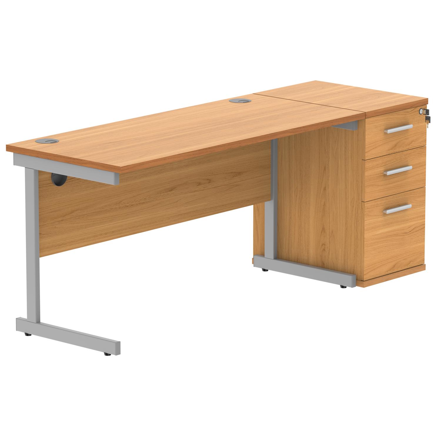 Single Upright Rectangular Desk + Desk High Pedestal  1400 X 600 Norwegian Beech/Silver