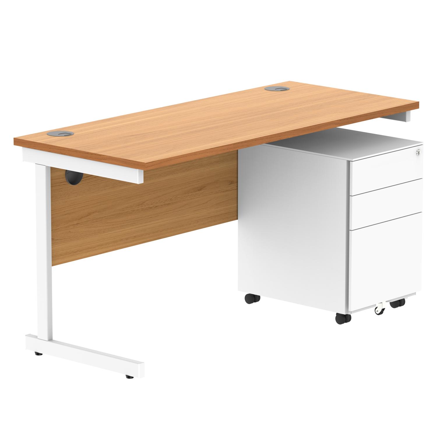 CORE Single Upright Rectangular Desk + Under Desk Steel Pedestal 3 Drawers  1400 X 600 Norwegian Beech/White