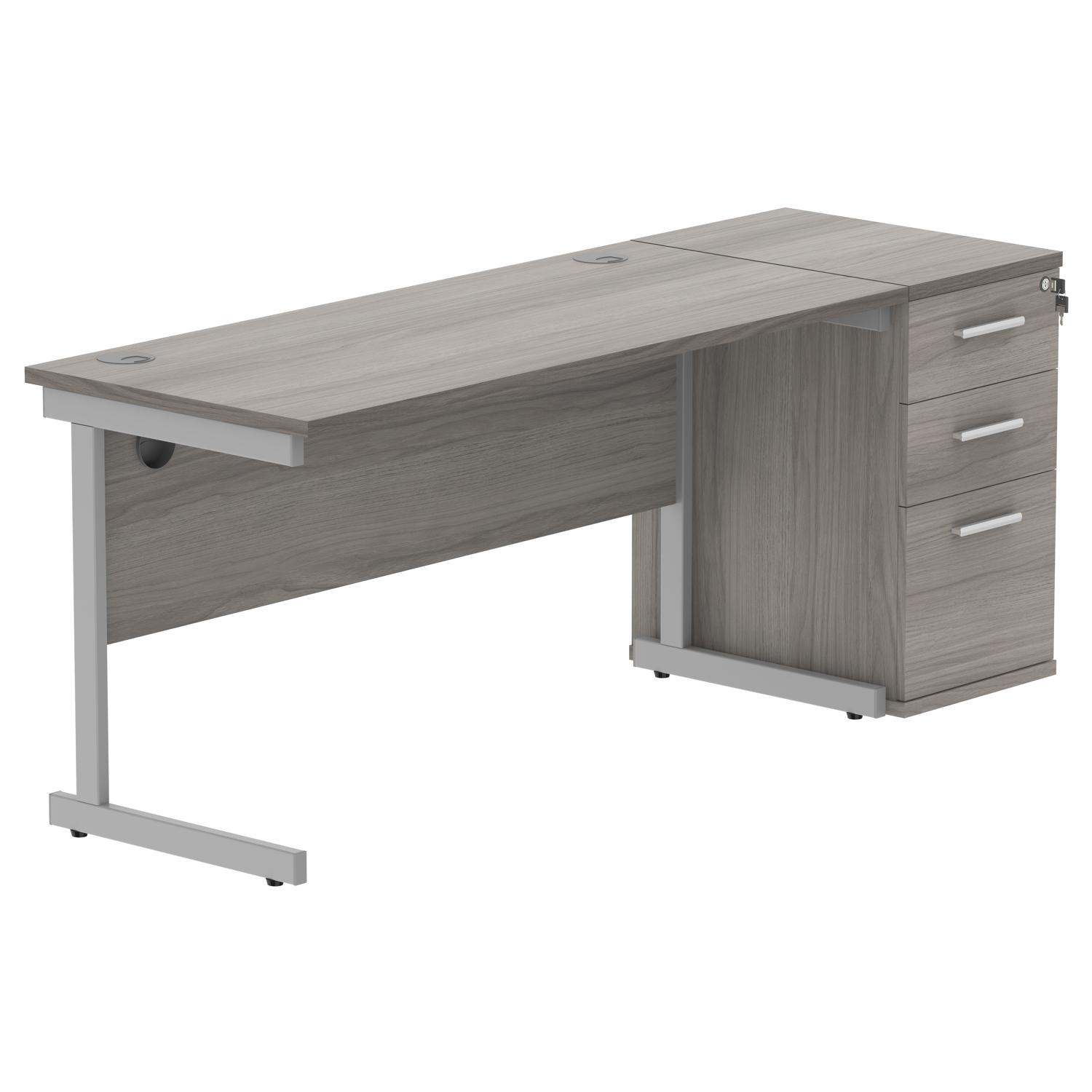 Single Upright Rectangular Desk + Desk High Pedestal  1400 X 600 Alaskan Grey Oak/Silver