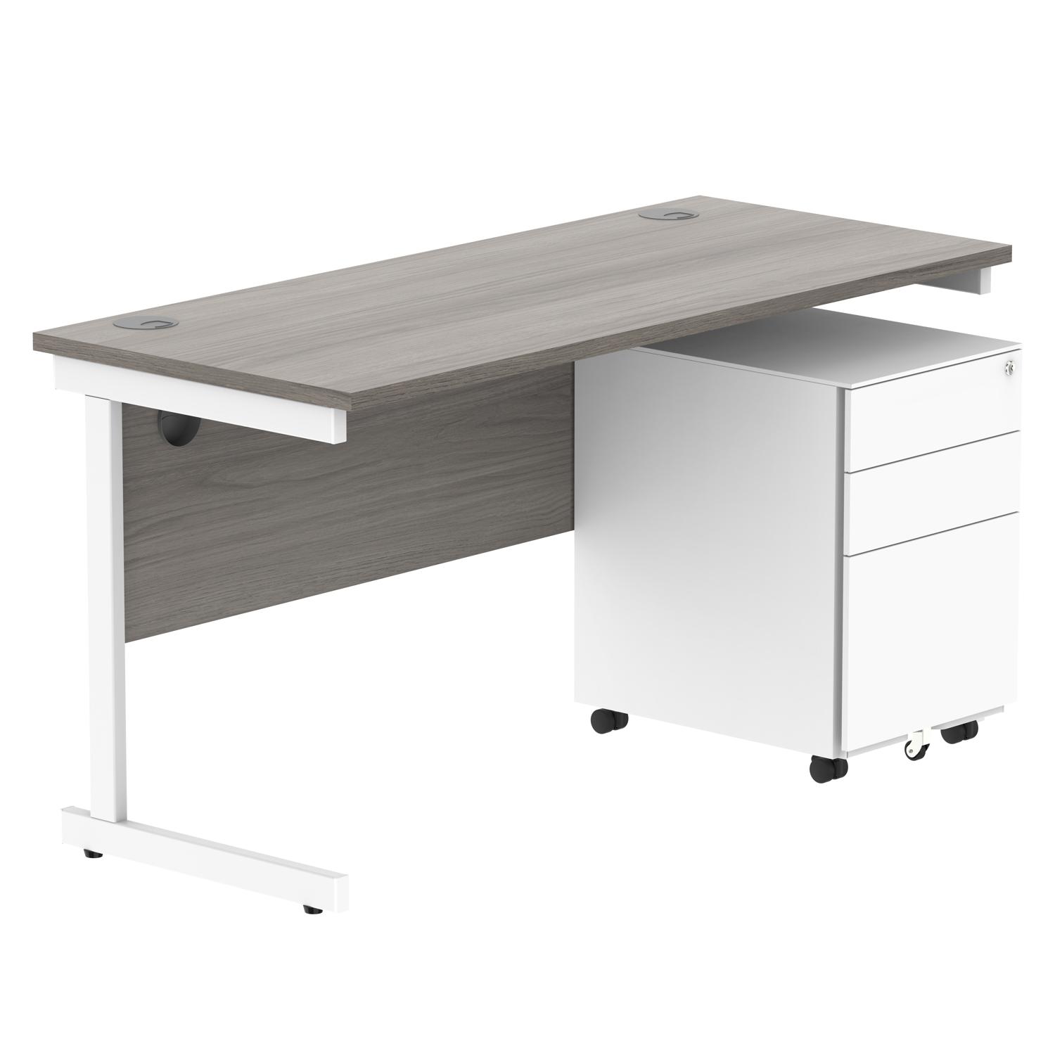 CORE Single Upright Rectangular Desk + Under Desk Steel Pedestal 3 Drawers  1400 X 600 Alaskan Grey Oak/White