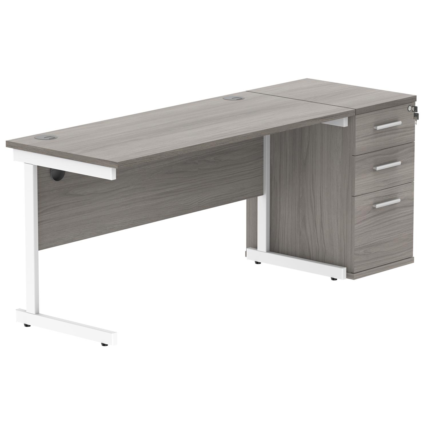 Single Upright Rectangular Desk + Desk High Pedestal  1400 X 600 Alaskan Grey Oak/White