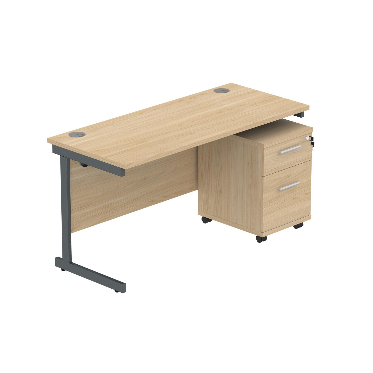 Single Upright Rectangular Desk + 2 Drawer Mobile Under Desk Pedestal  1400 X 600 Canadian Oak/Graphite