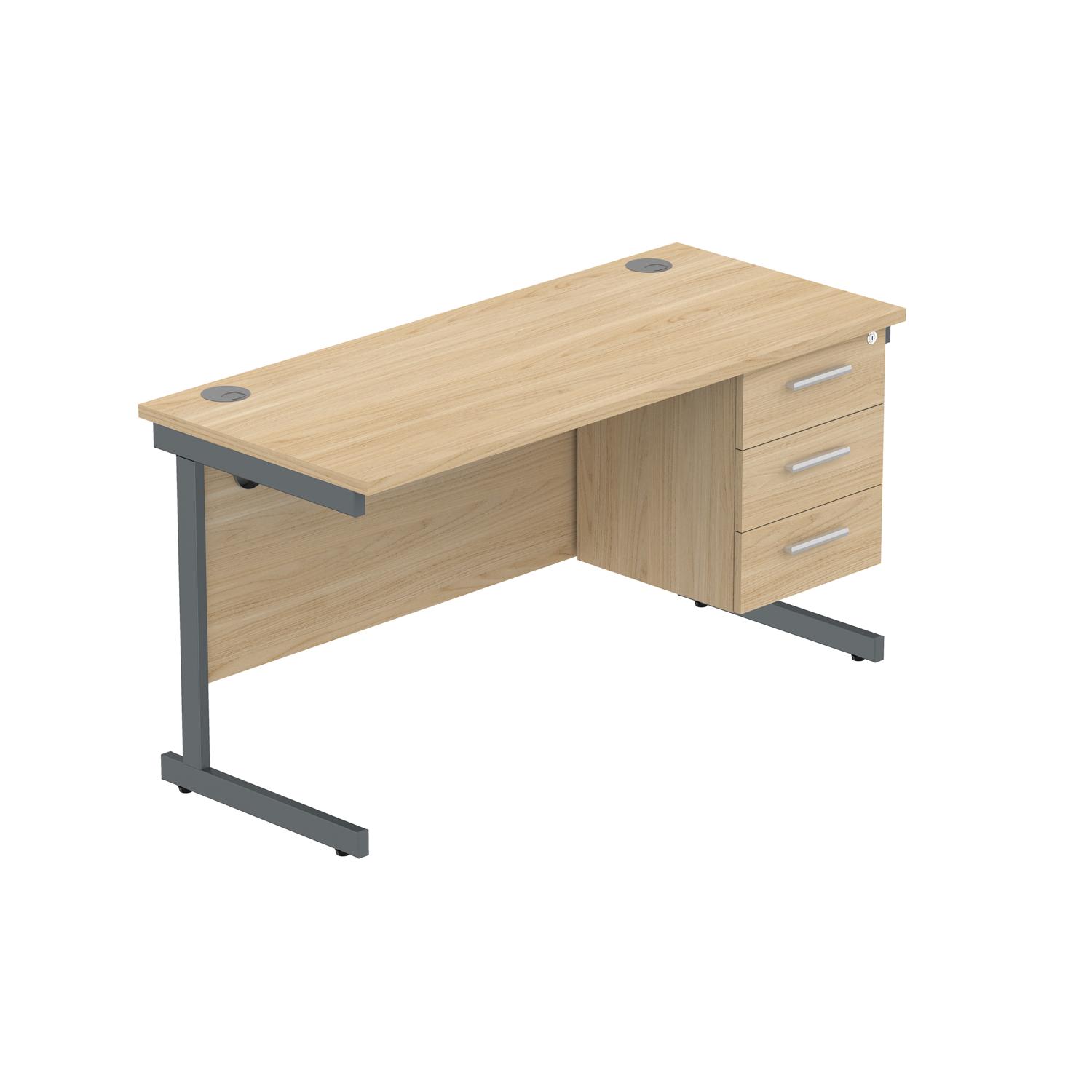 Office Rectangular Desk with Steel Single Upright Cantilever Legs + 3 Drawer Fixed Pedestal  1400X600 Canadian Oak/Graphite