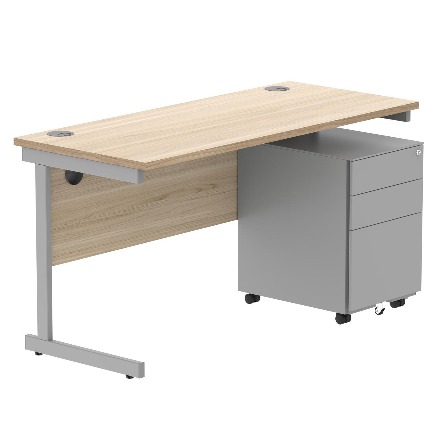 CORE Single Upright Rectangular Desk + Under Desk Steel Pedestal 3 Drawers  1400 X 600 Canadian Oak/Silver