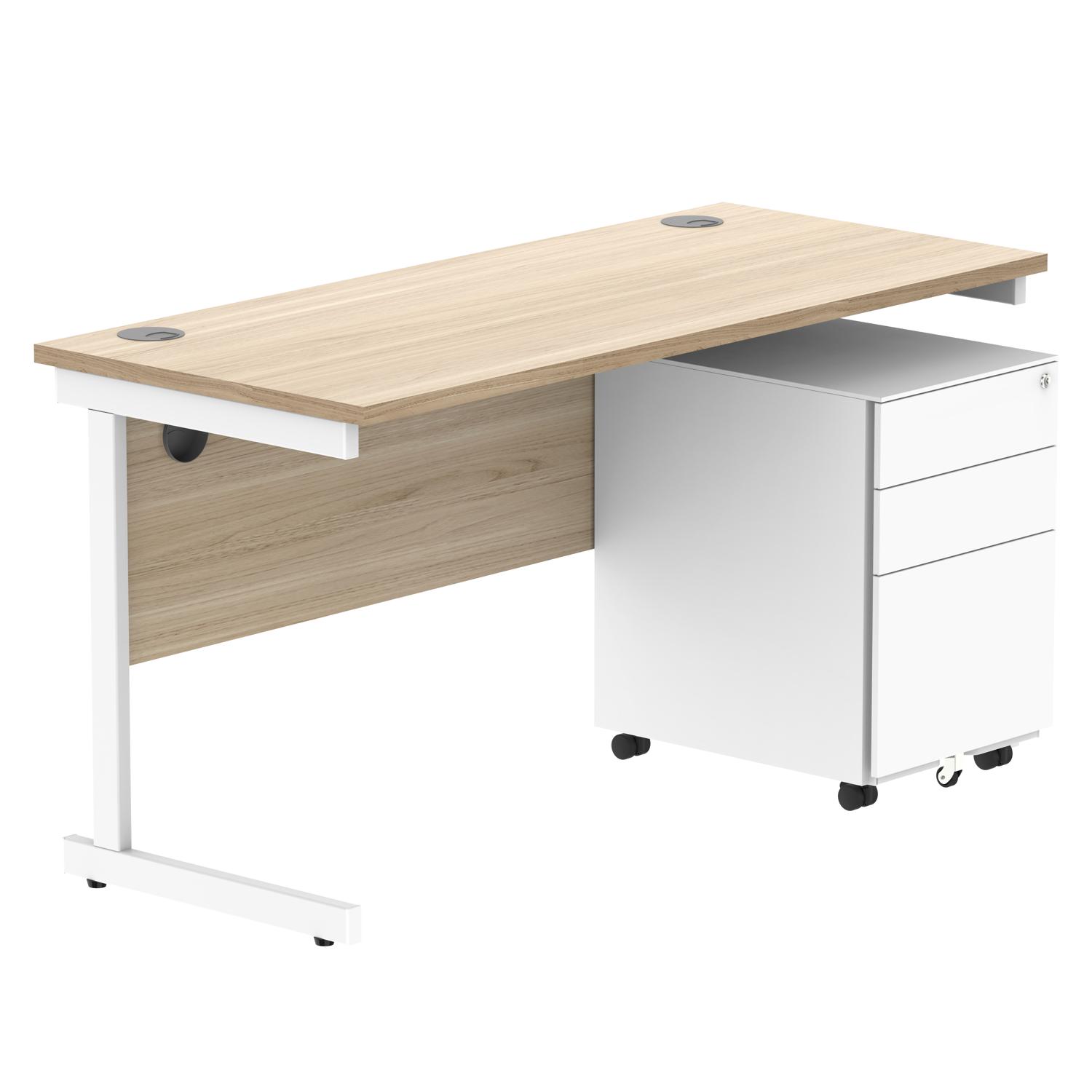 CORE Single Upright Rectangular Desk + Under Desk Steel Pedestal 3 Drawers  1400 X 600 Canadian Oak/White