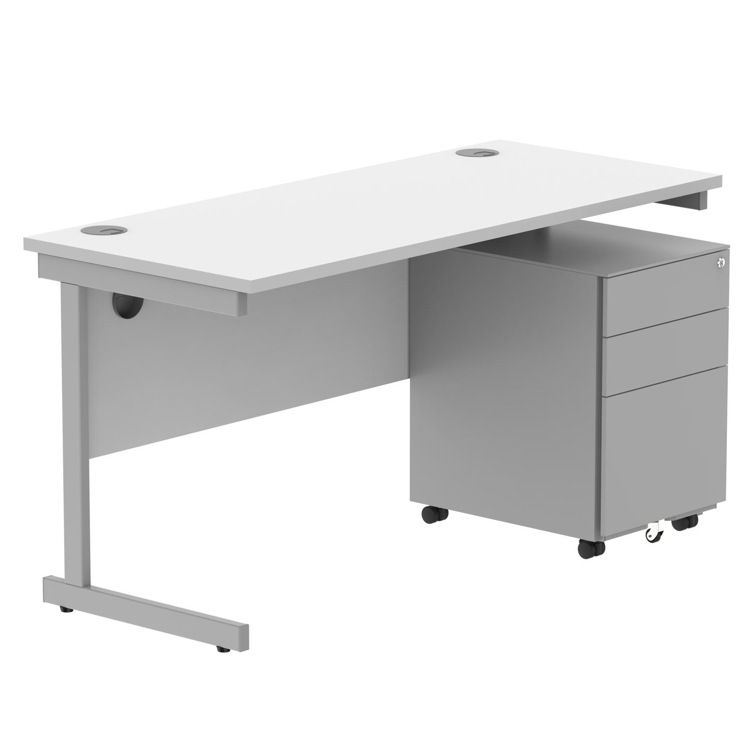 CORE Single Upright Rectangular Desk + Under Desk Steel Pedestal 3 Drawers  1400 X 600 Arctic White/Silver