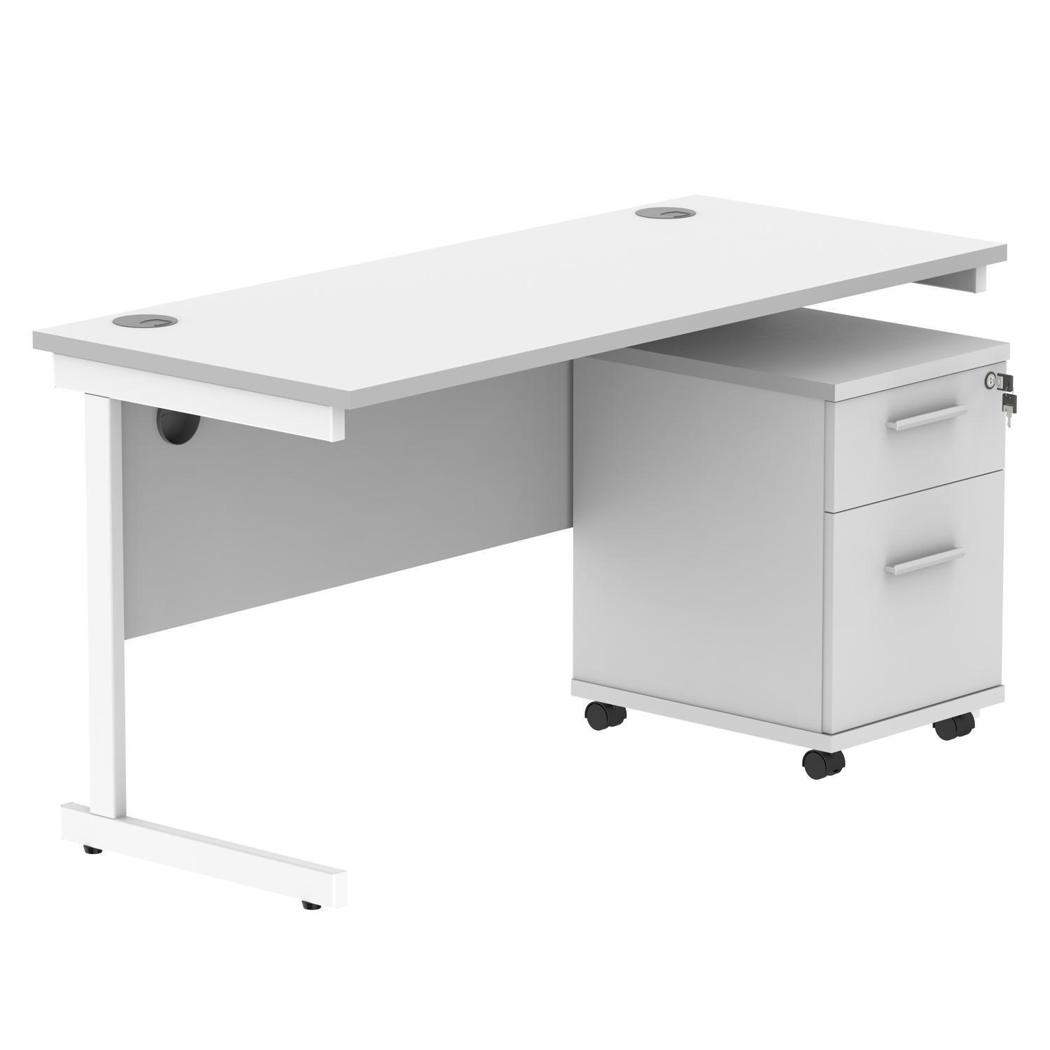 Single Upright Rectangular Desk + 2 Drawer Mobile Under Desk Pedestal  1400 X 600 Arctic White/White