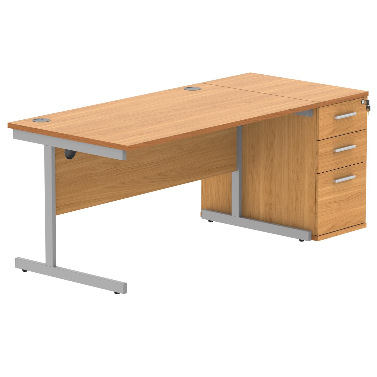 Single Upright Rectangular Desk + Desk High Pedestal  1400 X 800 Norwegian Beech/Silver