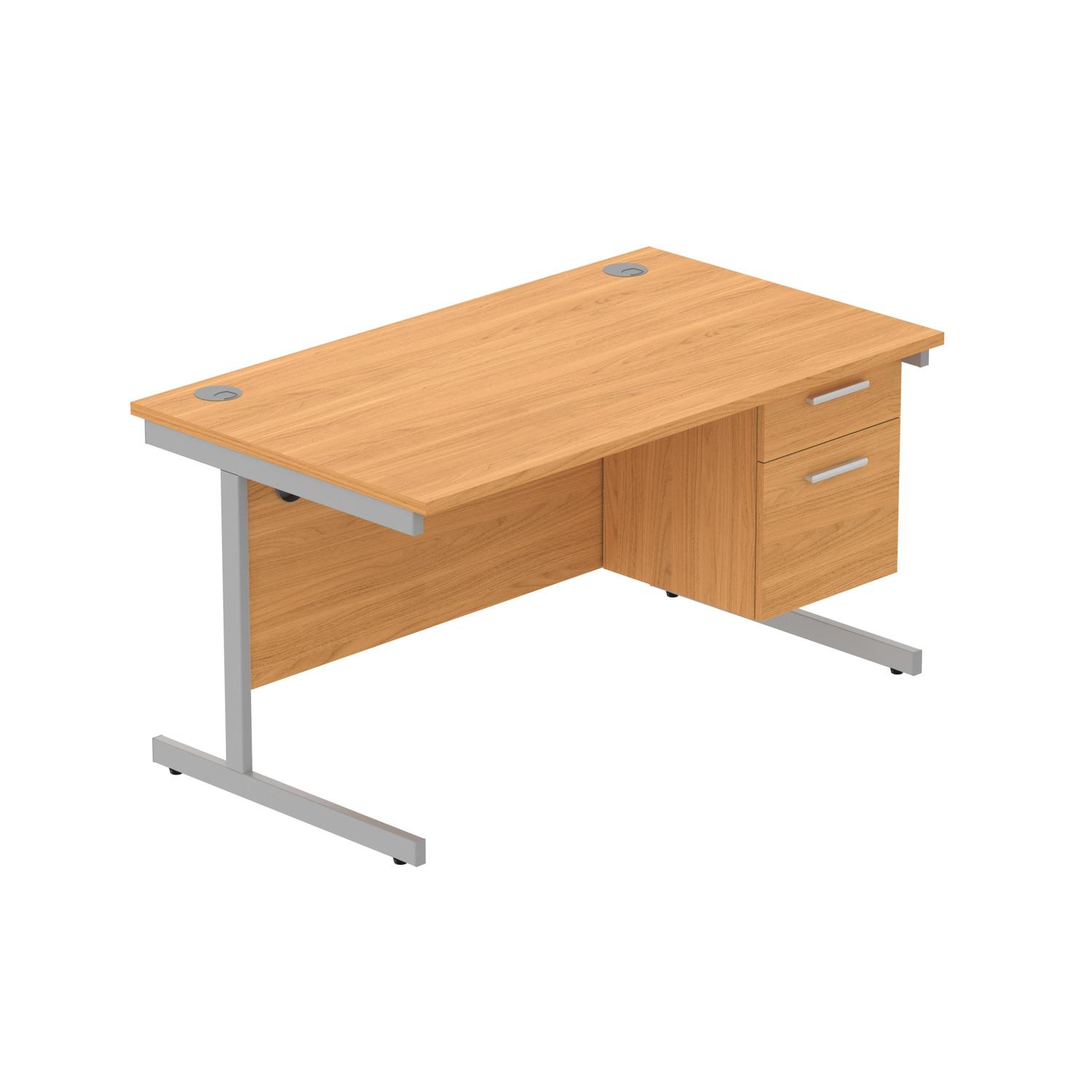 Office Rectangular Desk with Steel Single Upright Cantilever Legs + 2 Drawer Fixed Pedestal  1400X800 Norwegian Beech/Silver