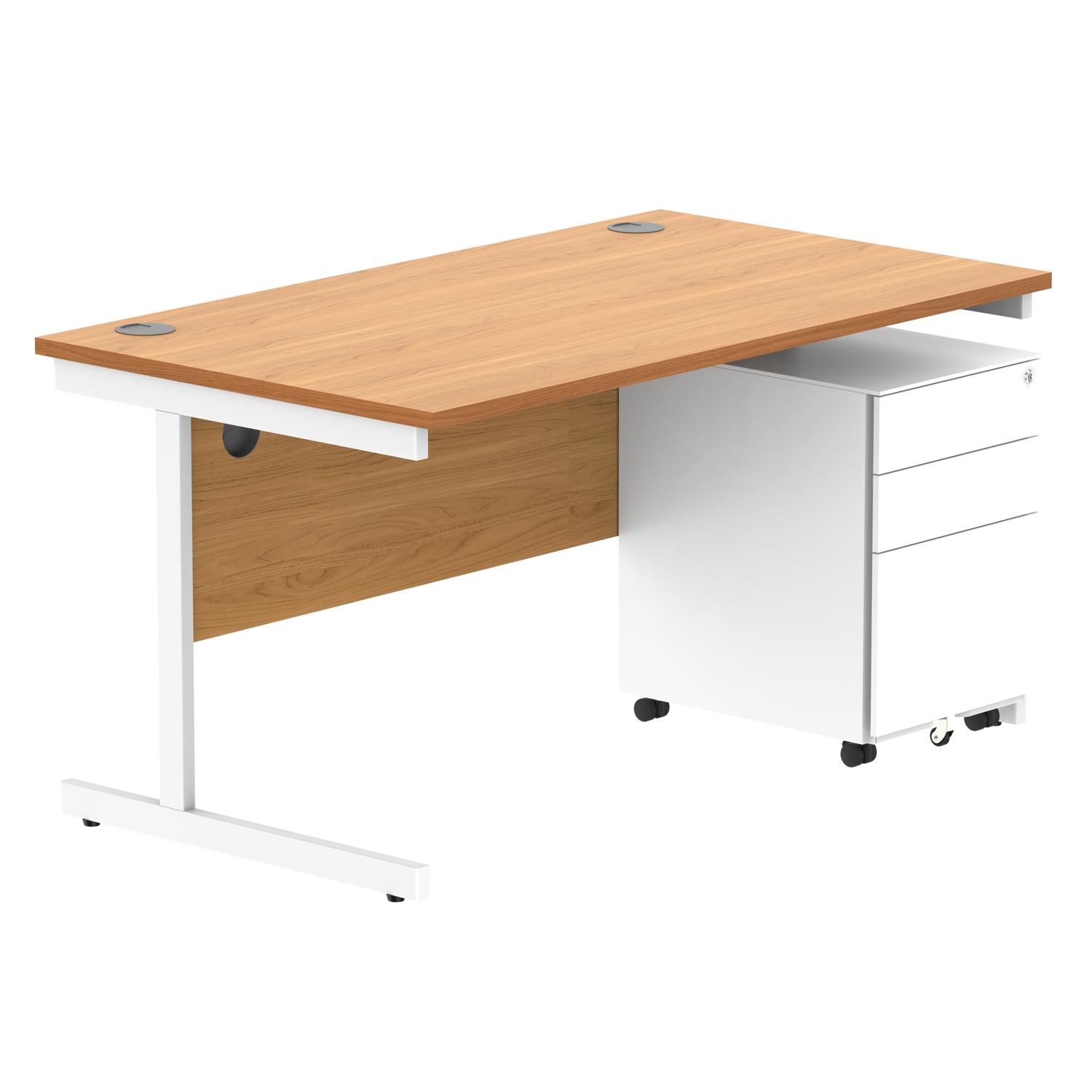 CORE Single Upright Rectangular Desk + Under Desk Steel Pedestal 3 Drawers  1400 X 800 Norwegian Beech/White