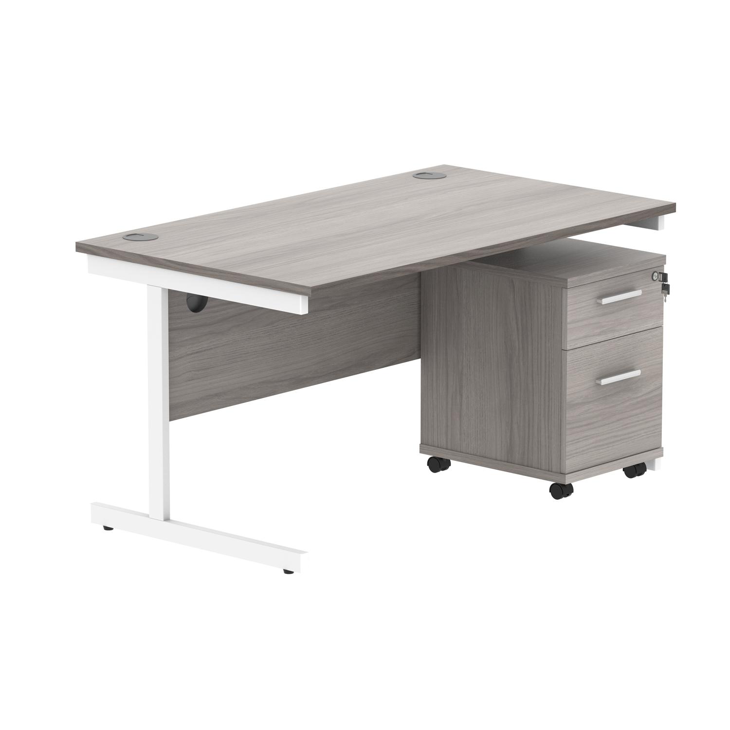 Single Upright Rectangular Desk + 2 Drawer Mobile Under Desk Pedestal  1400 X 800 Alaskan Grey Oak/White