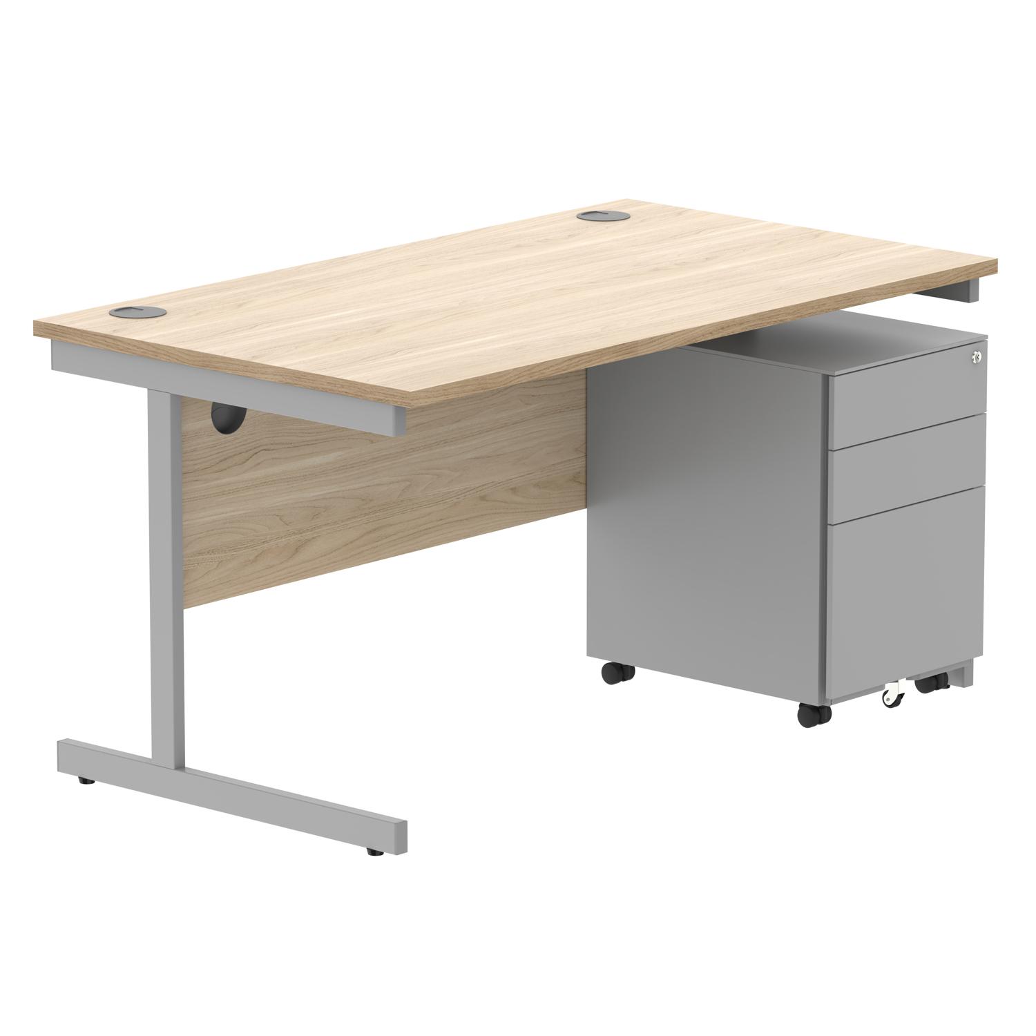 CORE Single Upright Rectangular Desk + Under Desk Steel Pedestal 3 Drawers  1400 X 800 Canadian Oak/Silver
