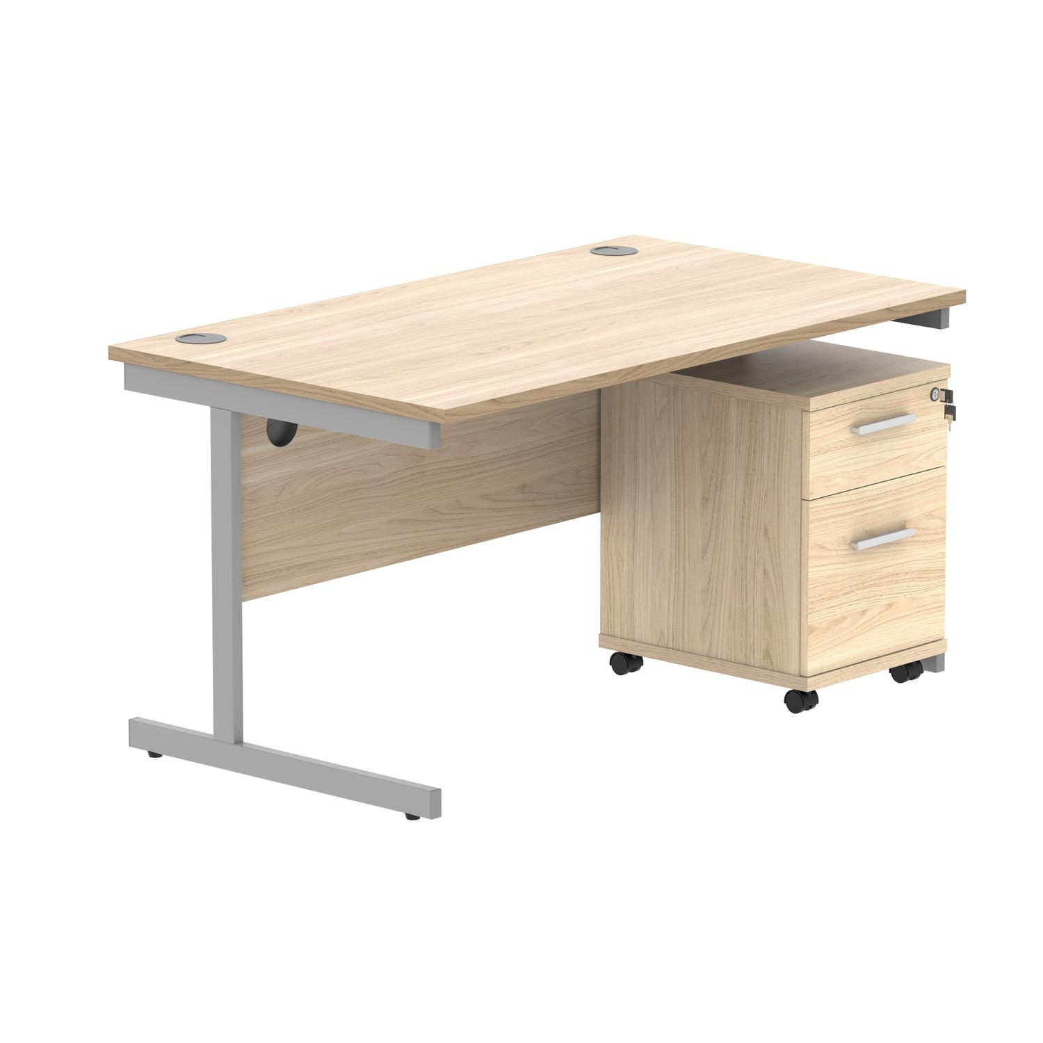 Single Upright Rectangular Desk + 2 Drawer Mobile Under Desk Pedestal  1400 X 800 Canadian Oak/Silver