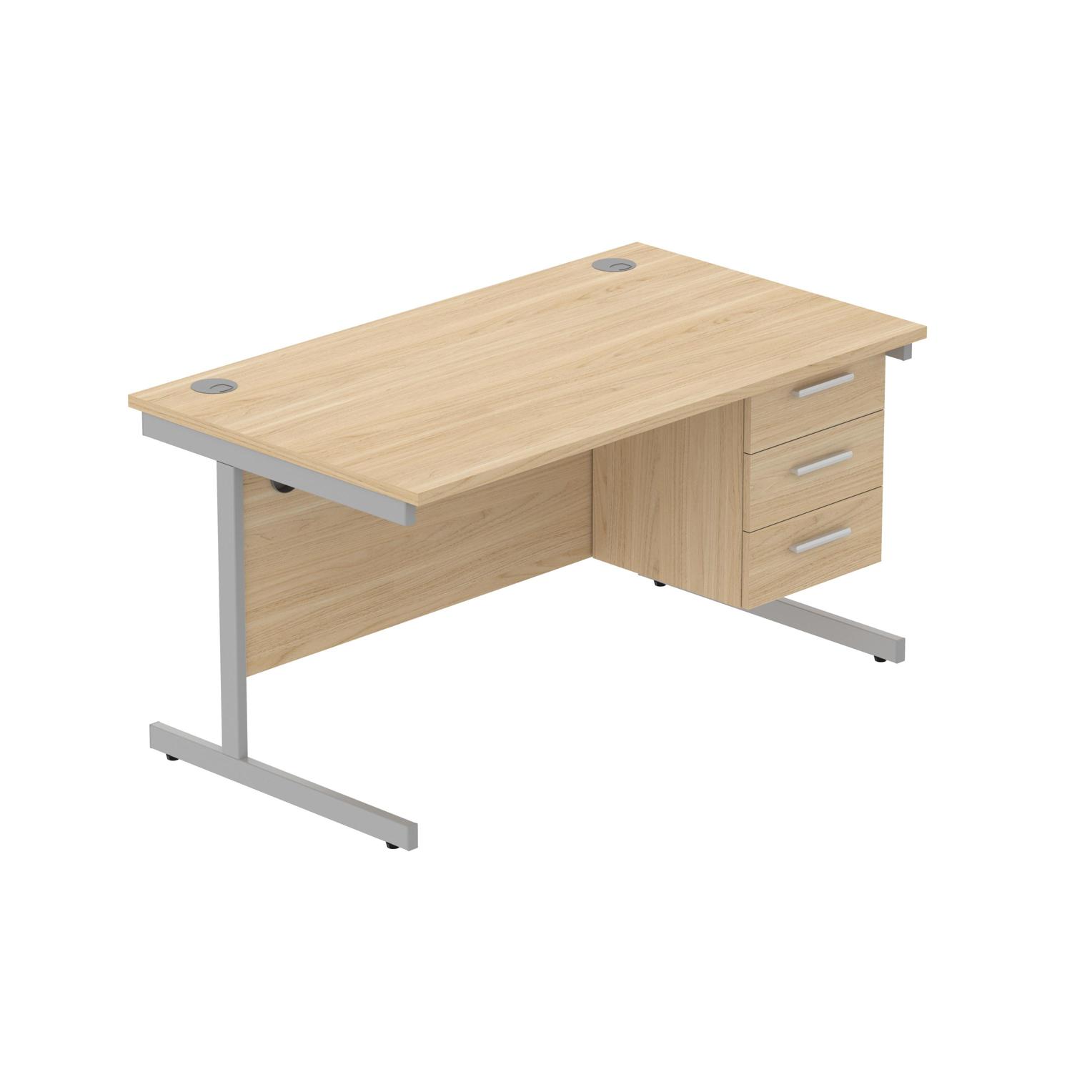 Office Rectangular Desk with Steel Single Upright Cantilever Legs + 3 Drawer Fixed Pedestal  1400X800 Canadian Oak/Silver