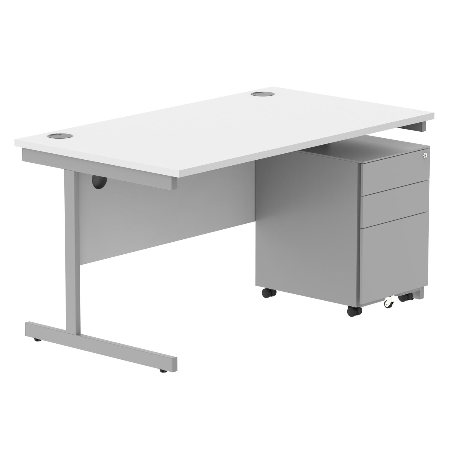 CORE Single Upright Rectangular Desk + Under Desk Steel Pedestal 3 Drawers  1400 X 800 Arctic White/Silver