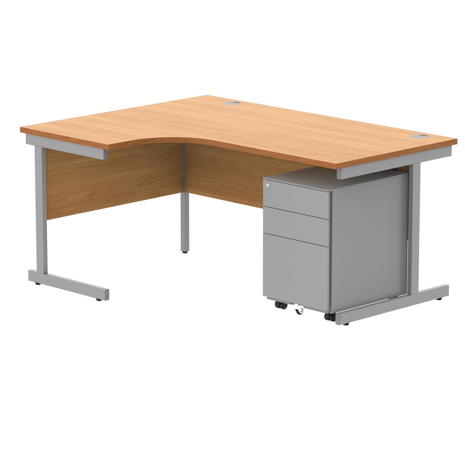 CORE Single Upright Left Hand Radial Desk + Under Desk Steel Pedestal 3 Drawers  1600 X 1200 Norwegian Beech/Silver