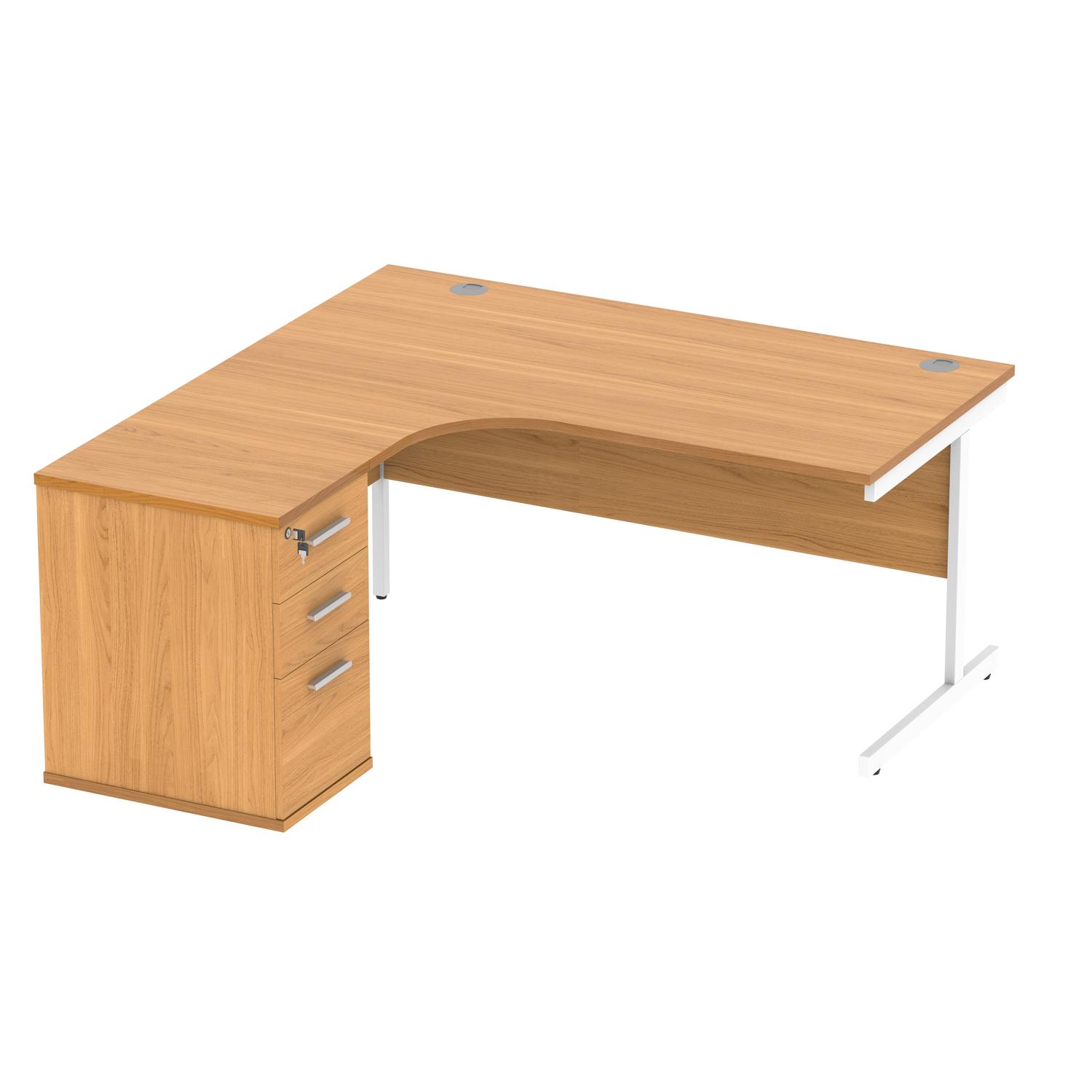 Single Upright Left Hand Radial Desk + Desk High Pedestal  600mm Deep Pedestal 1600 X 1200 Norwegian Beech/White