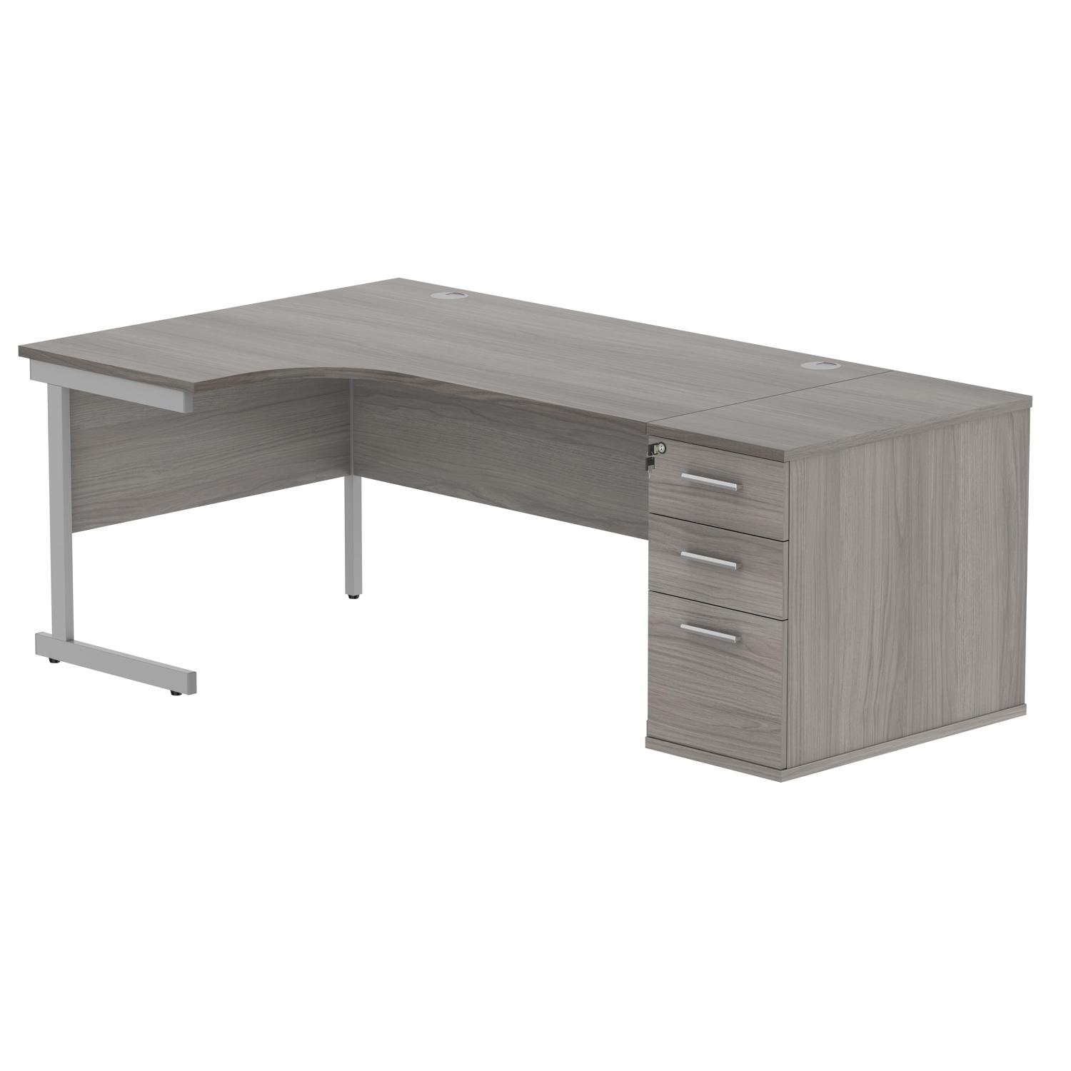 Single Upright Left Hand Radial Desk + Desk High Pedestal  800mm Deep Pedestal 1600 X 1200 Alaskan Grey Oak/Silver