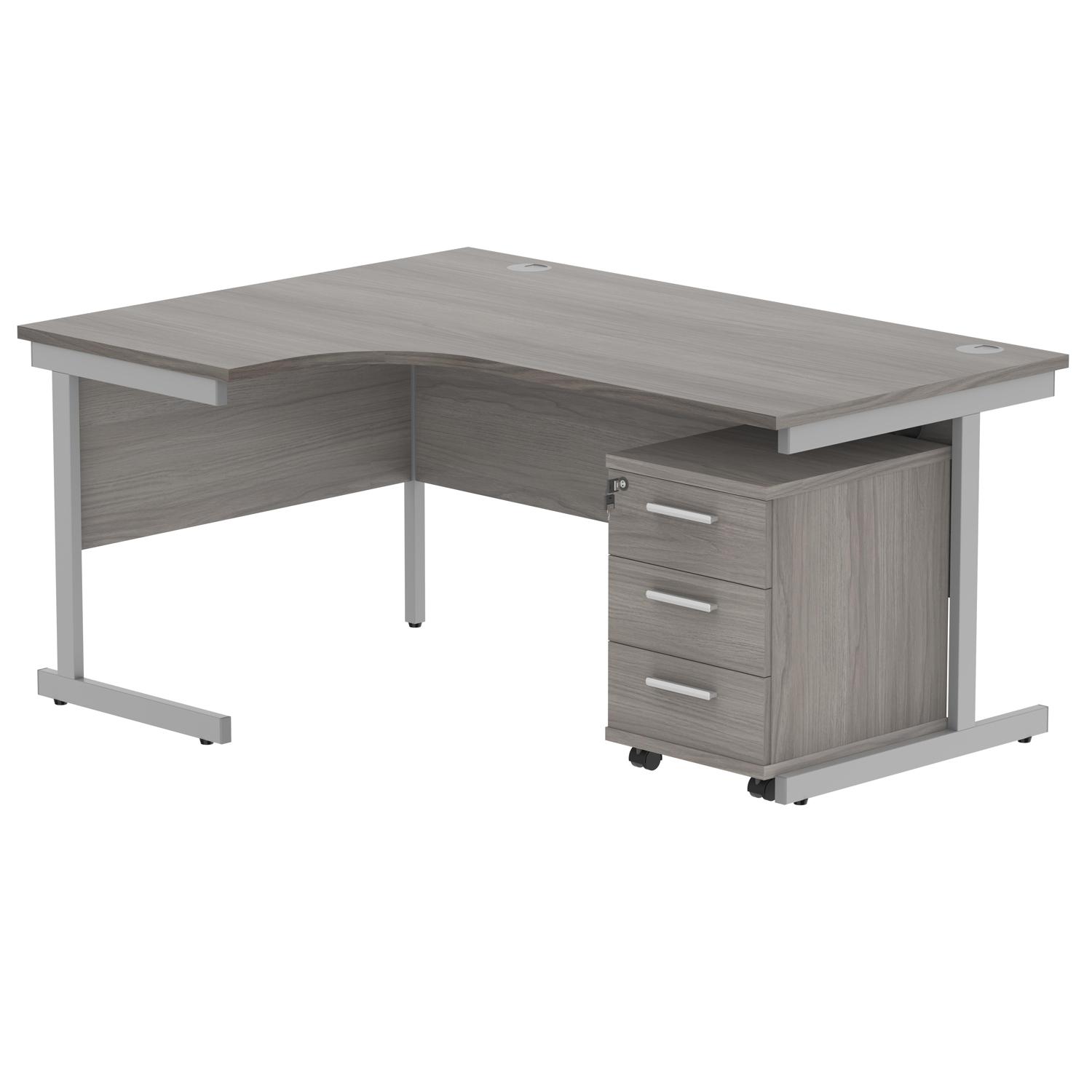 Single Upright Left Hand Radial Desk + 3 Drawer Mobile Under Desk Pedestal  1600 X 1200 Alaskan Grey Oak/Silver